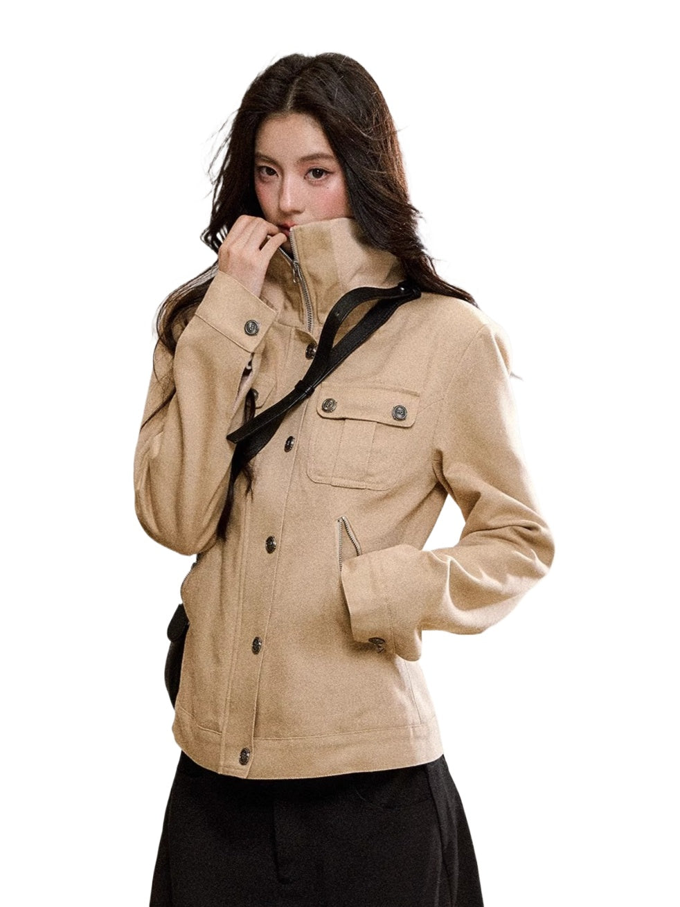 Vintage Suede Stand-Collar Fitted Jacket