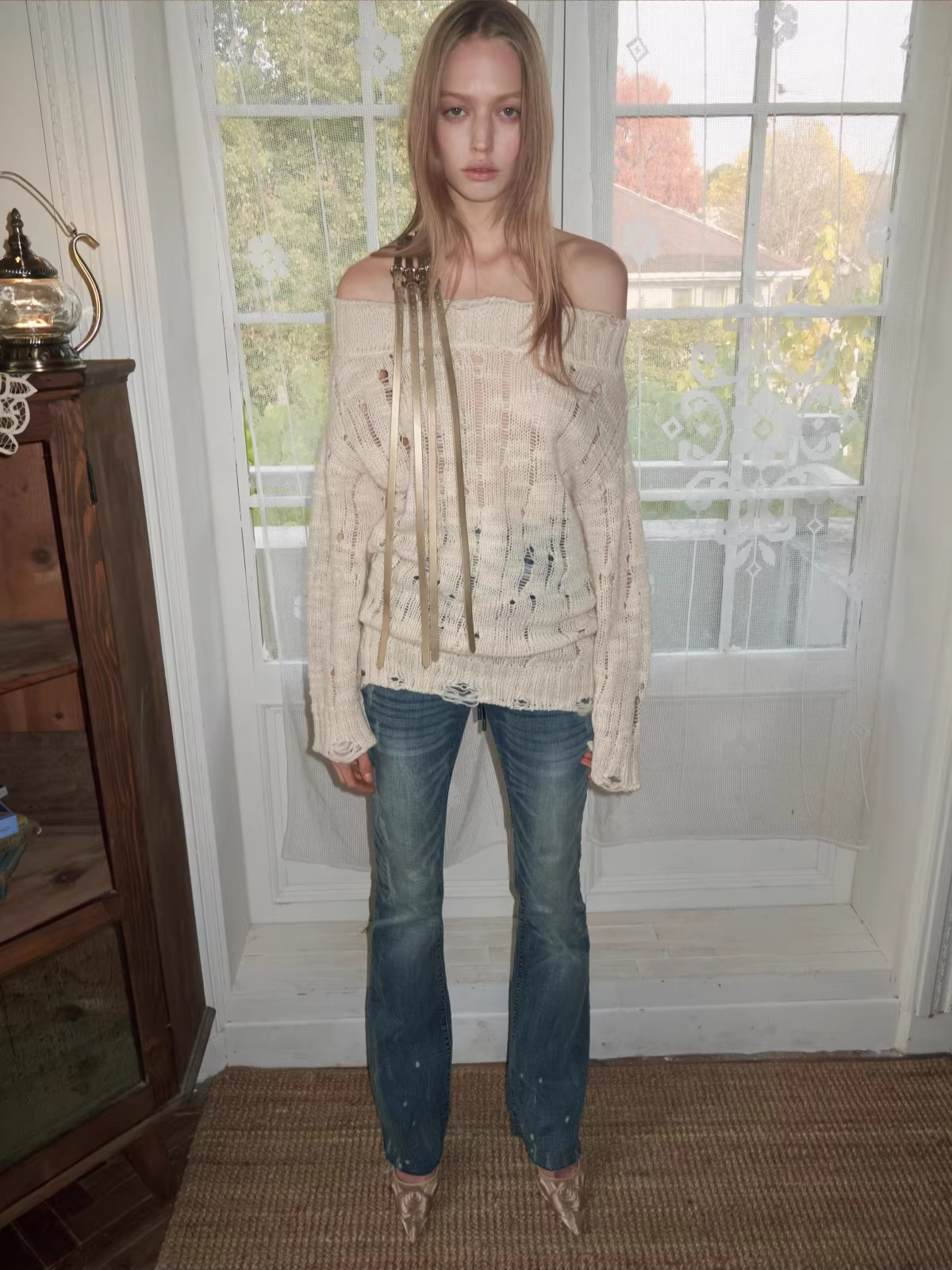 Off-Shoulder Belt Distressed Cable Knit Sweater