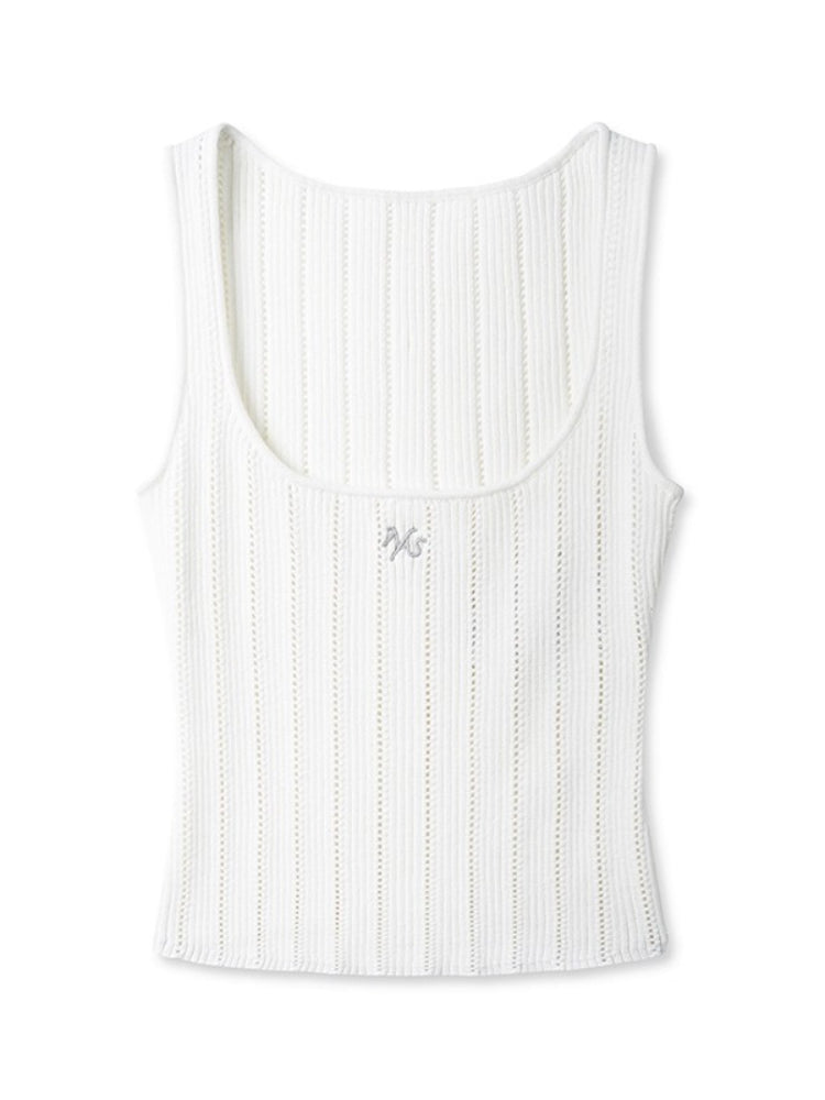 Hollow-out Square Neck Knit Tank Top - CHINASQUAD