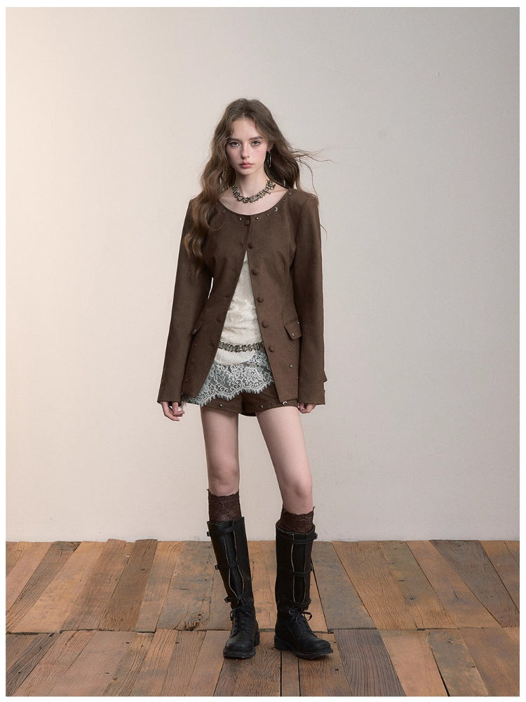 Rivet Suede-Like Waist-Defined Jacket