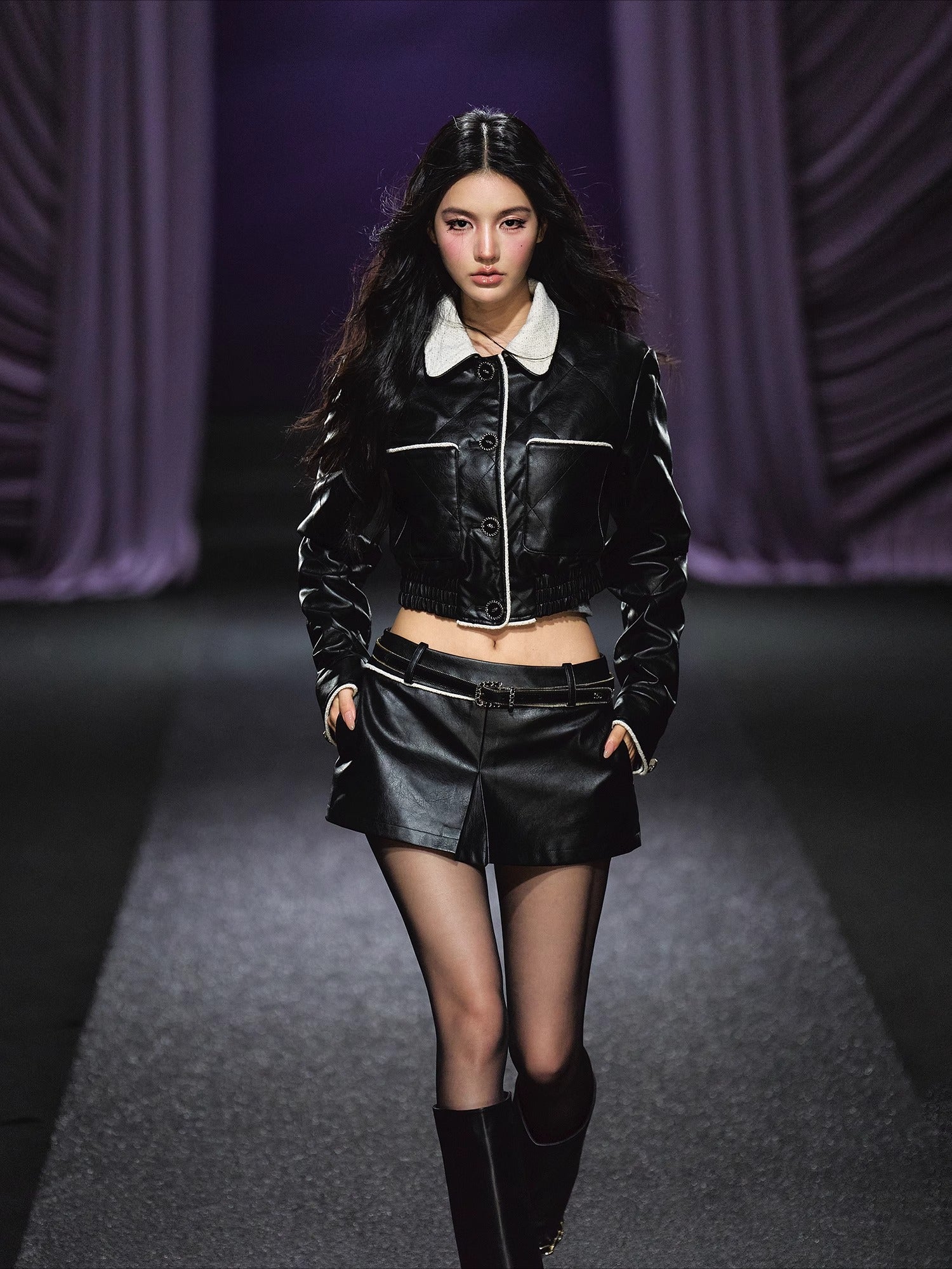 Contrast Trim Quilted Leather Jacket & Skirt Set - CHINASQUAD