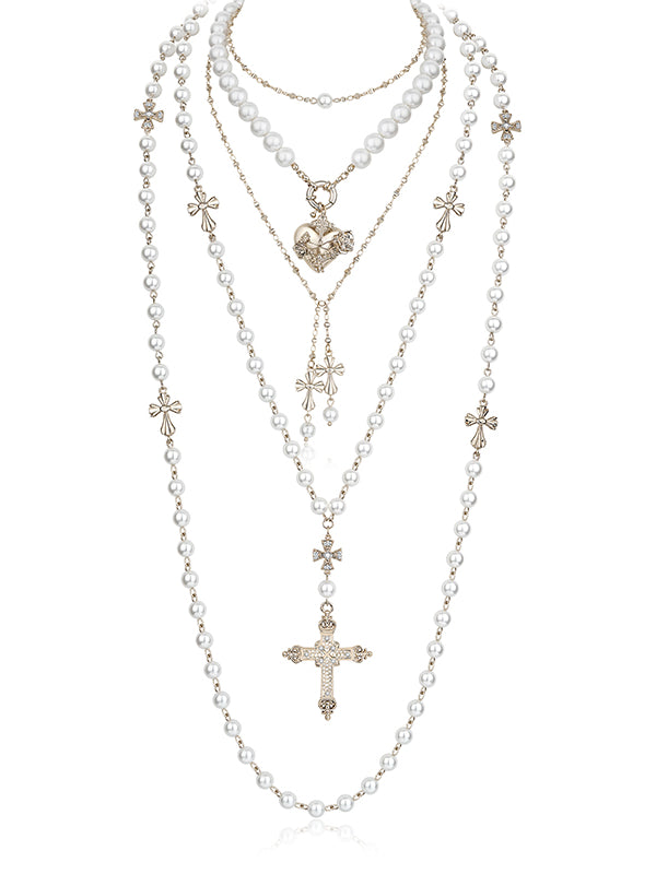 Layered Punk Heart Pearl Cross Long Necklace - CHINASQUAD