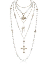 Layered Punk Heart Pearl Cross Long Necklace - CHINASQUAD