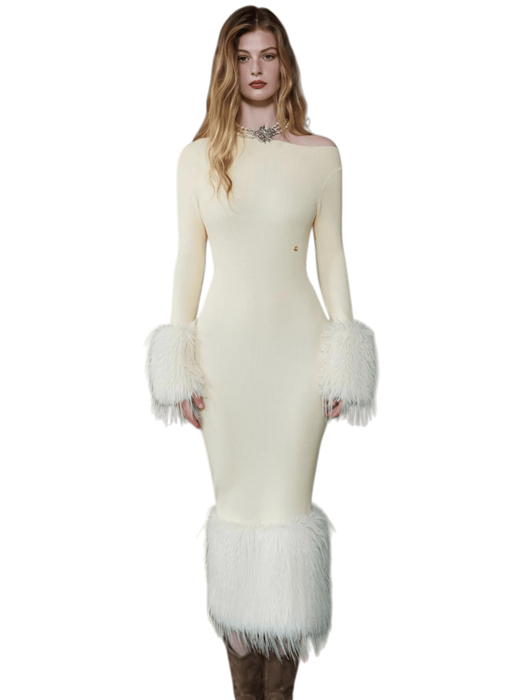 Vintage Off-Shoulder Knit Maxi Dress