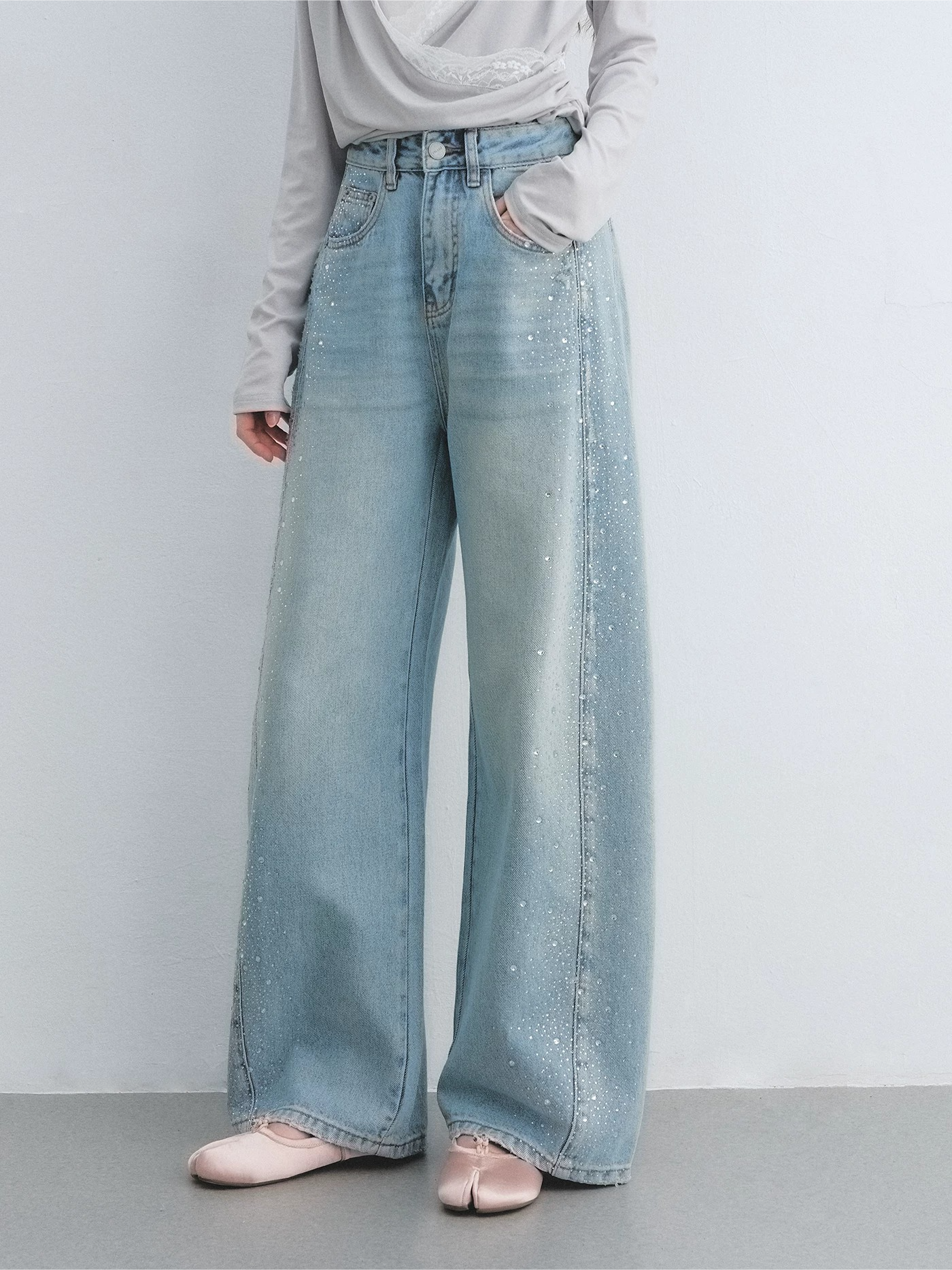 Lyocell Washed Rhinestone Curved-Leg Wide Denim Pants