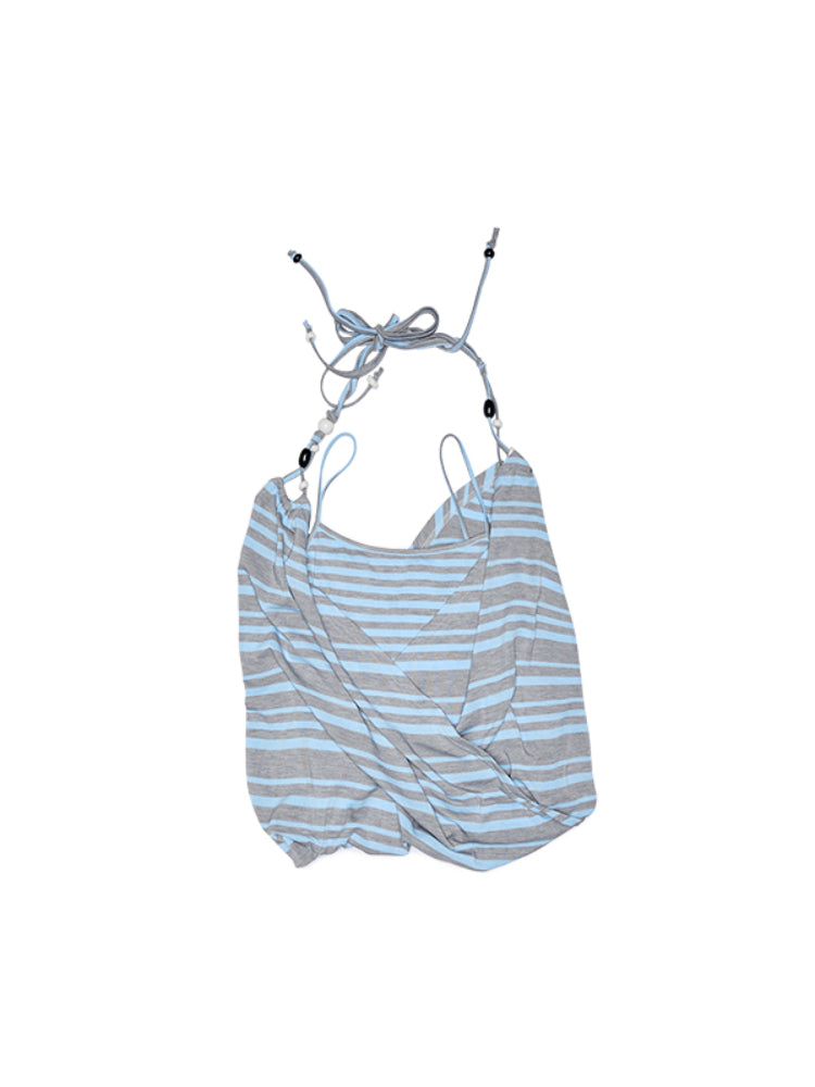 Blue-Gray Striped Two-Way Beaded Swing Collar Tank Top - CHINASQUAD