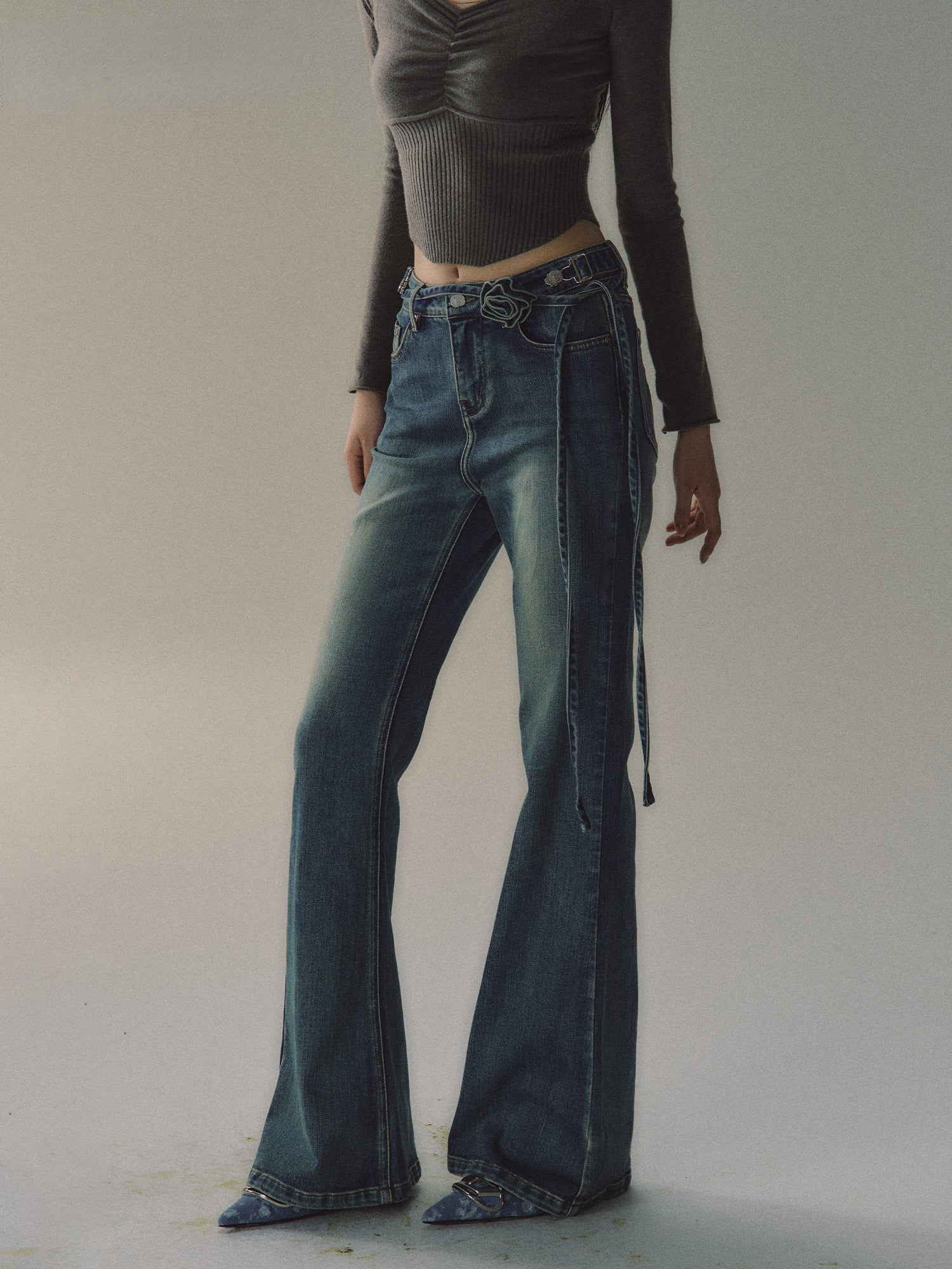 Vintage Distressed Flared Denim Jeans - CHINASQUAD