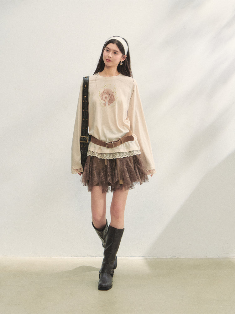 Lace Panel Animal Print Long-Sleeve Tee - CHINASQUAD