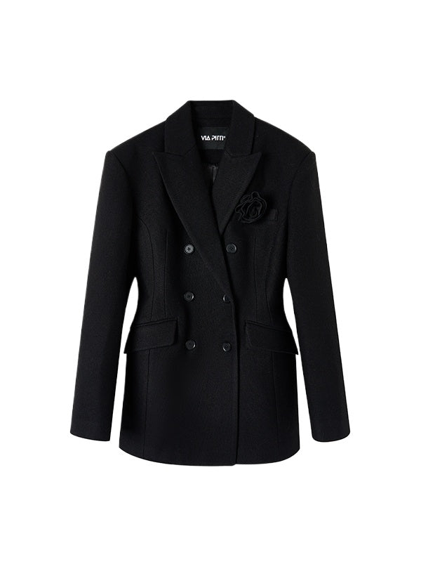 Black & Apricot Double-breasted Wool Blazer - CHINASQUAD