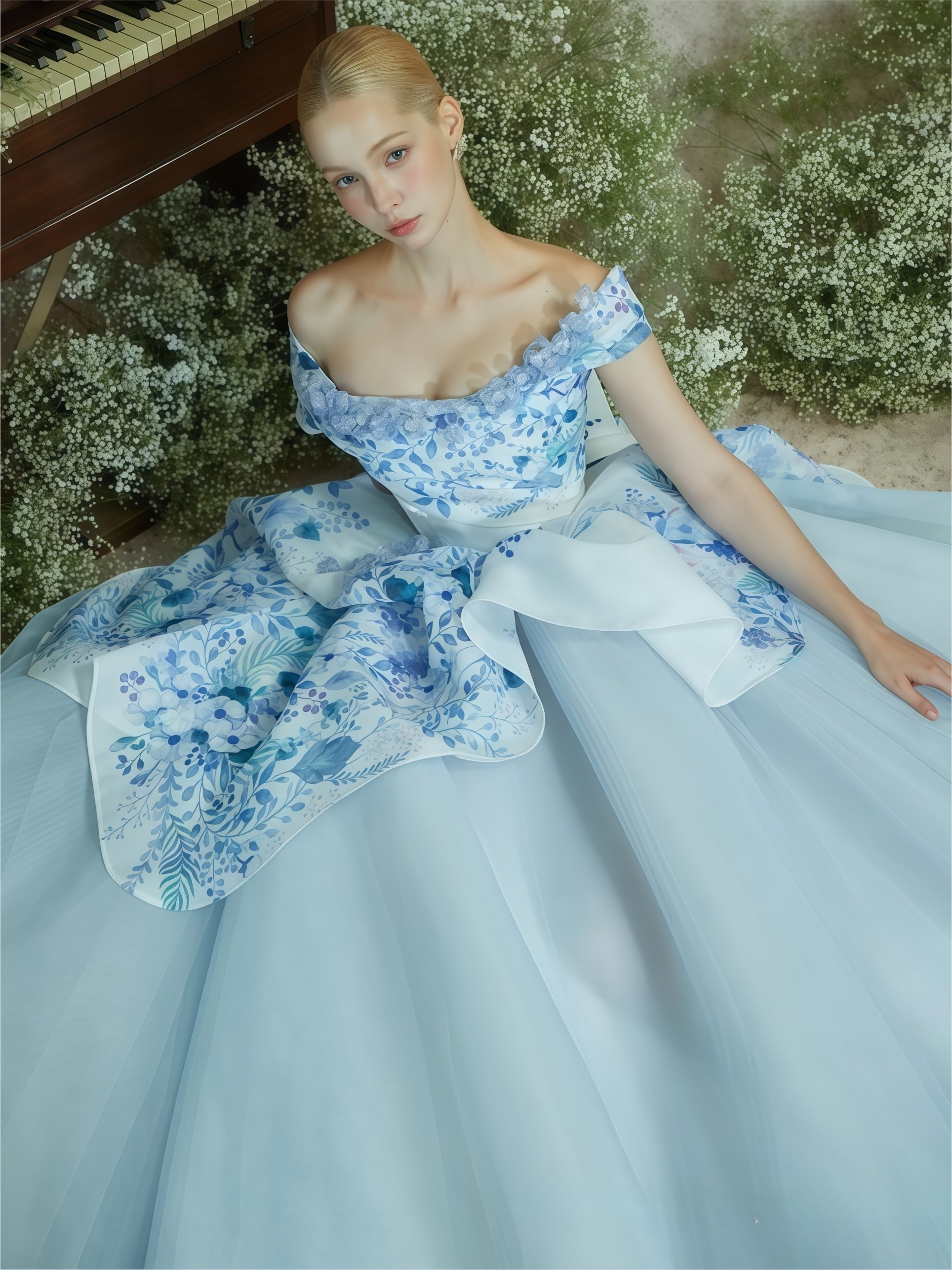 Azure Bloom Off-Shoulder Embroidered Couture Ball Gown