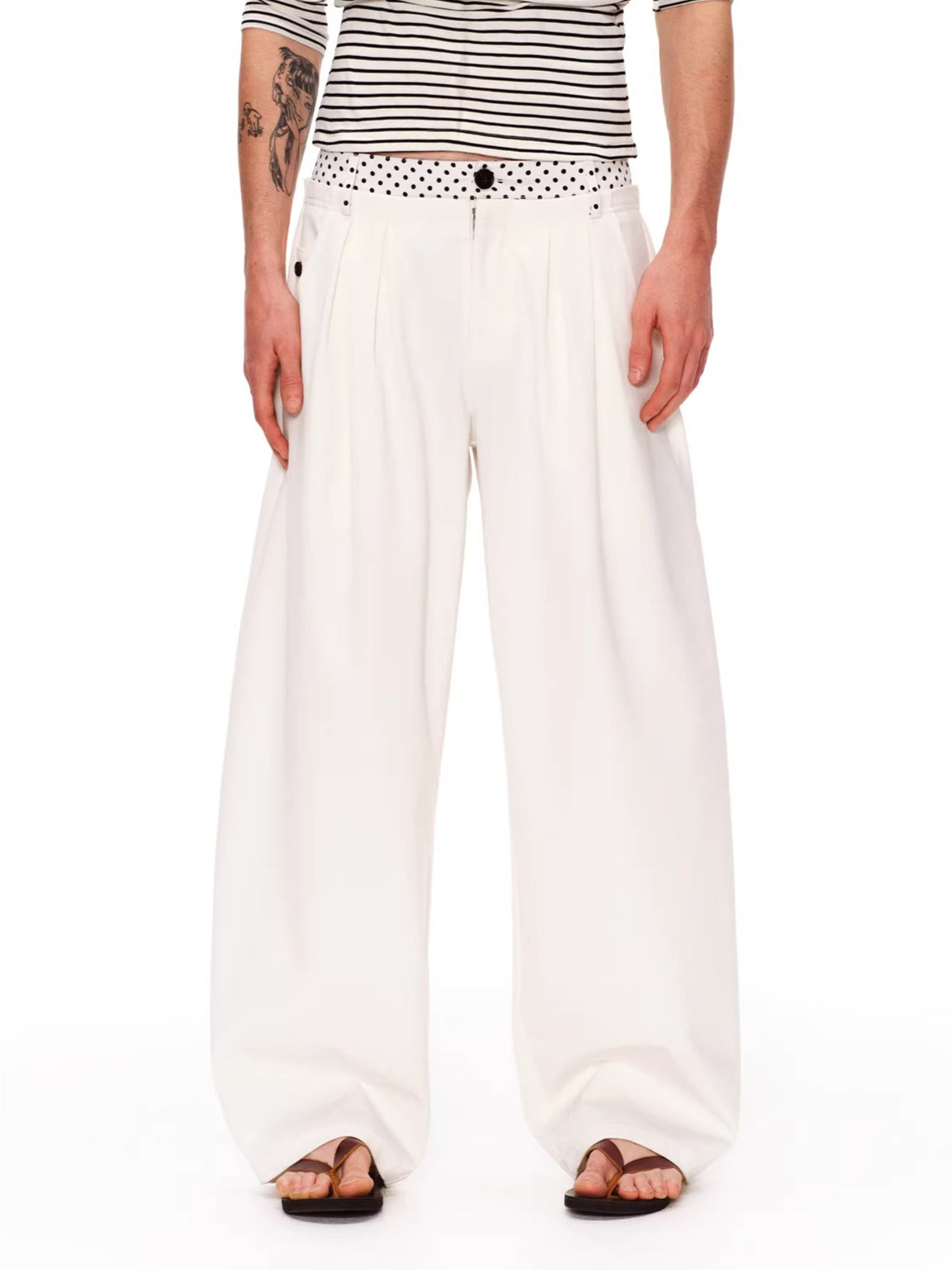 Double-Waist Polka Dot Wide-Leg Trousers