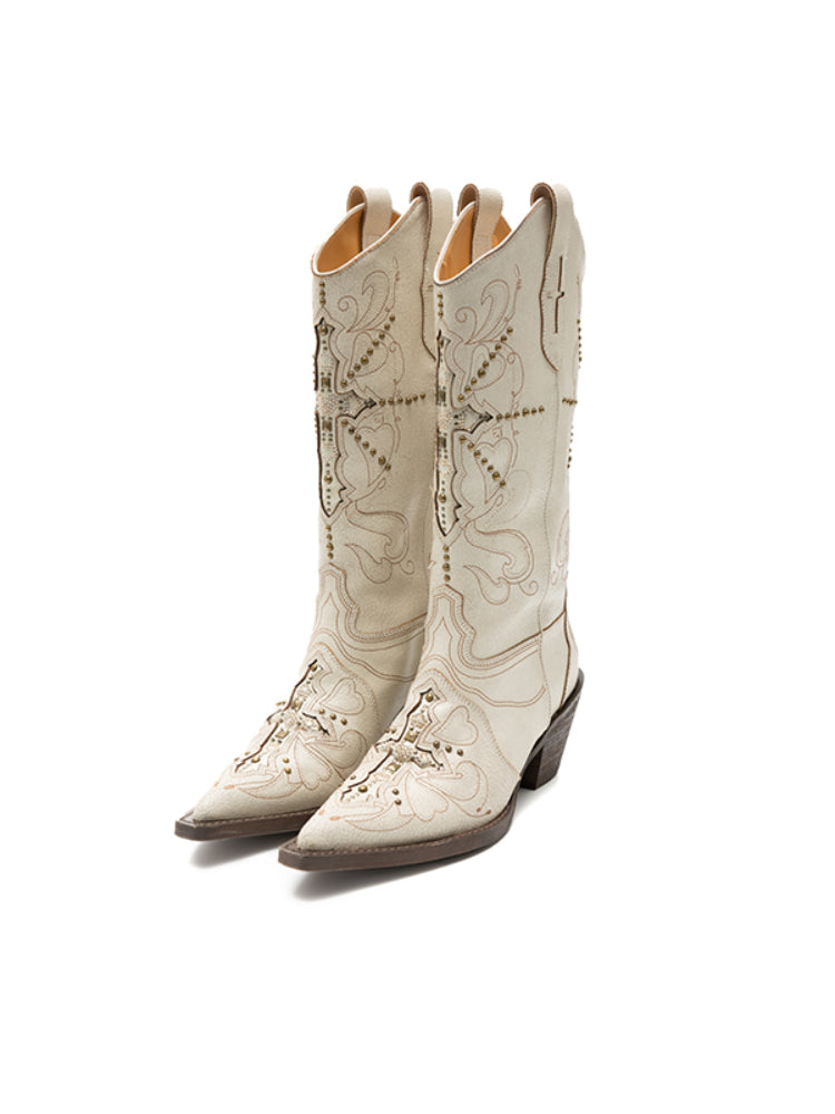 V-Mouth Pointed-Toe Leather Embroidered Denim Boots - CHINASQUAD