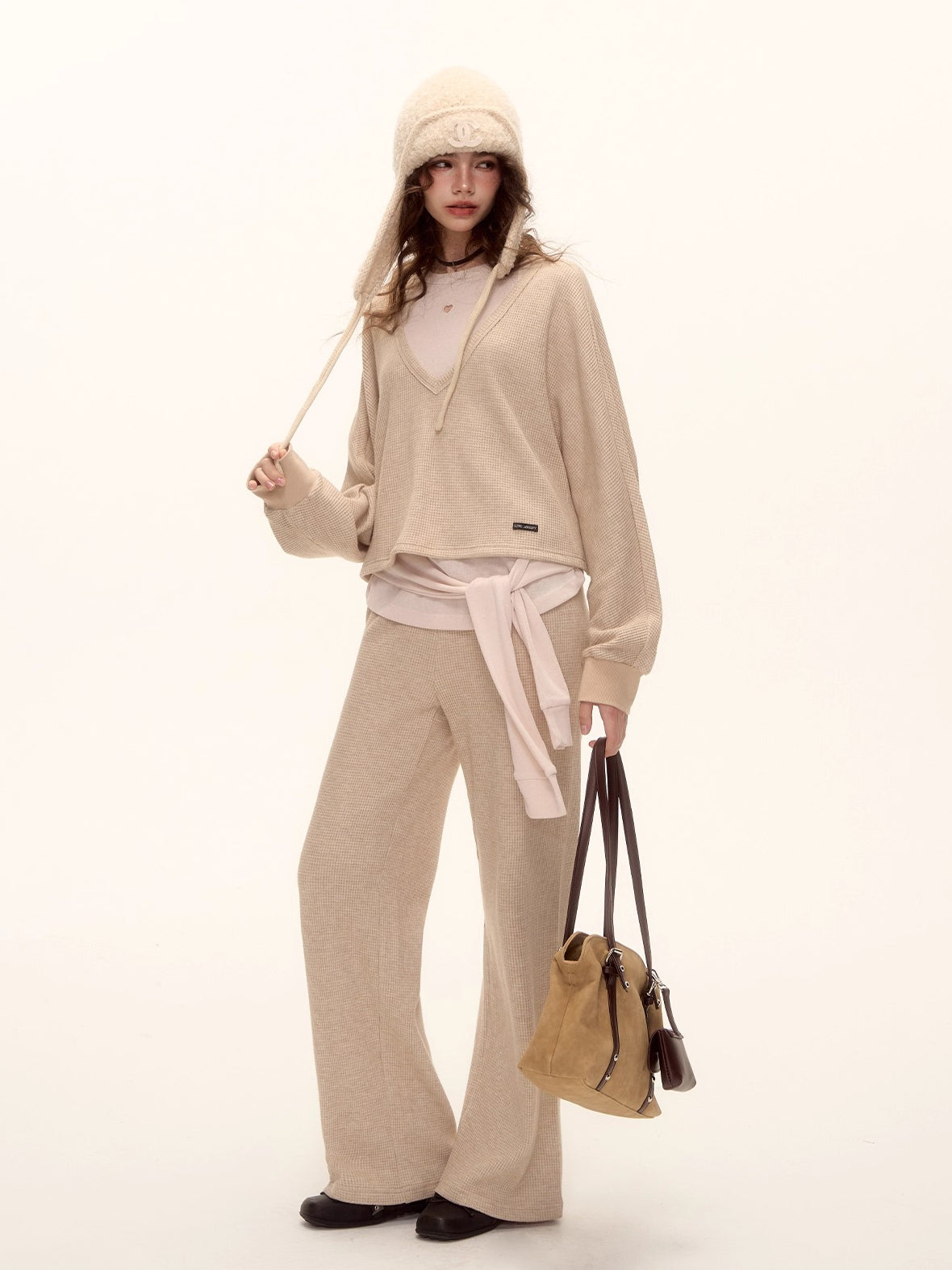 Waffle Knit V-Neck Pullover & Tank Top & Wide-Leg Pants Set