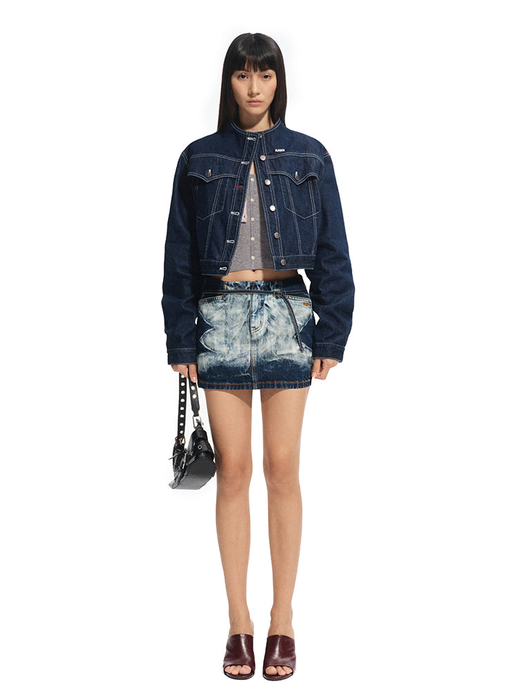 Denim Stand-Collar Regular Shoulder Cropped Jacket - CHINASQUAD