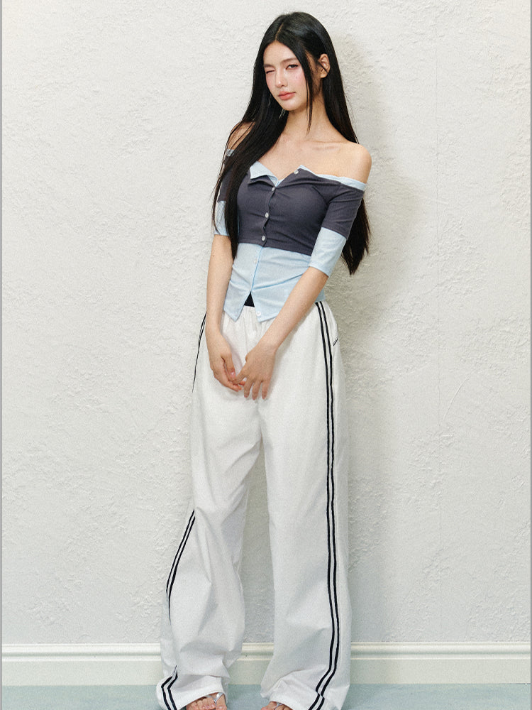 Off-Shoulder Fake Two-piece Color Block T-shirt - CHINASQUAD