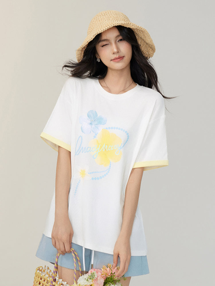 White Contrast-Color Cooling Floral T-shirt