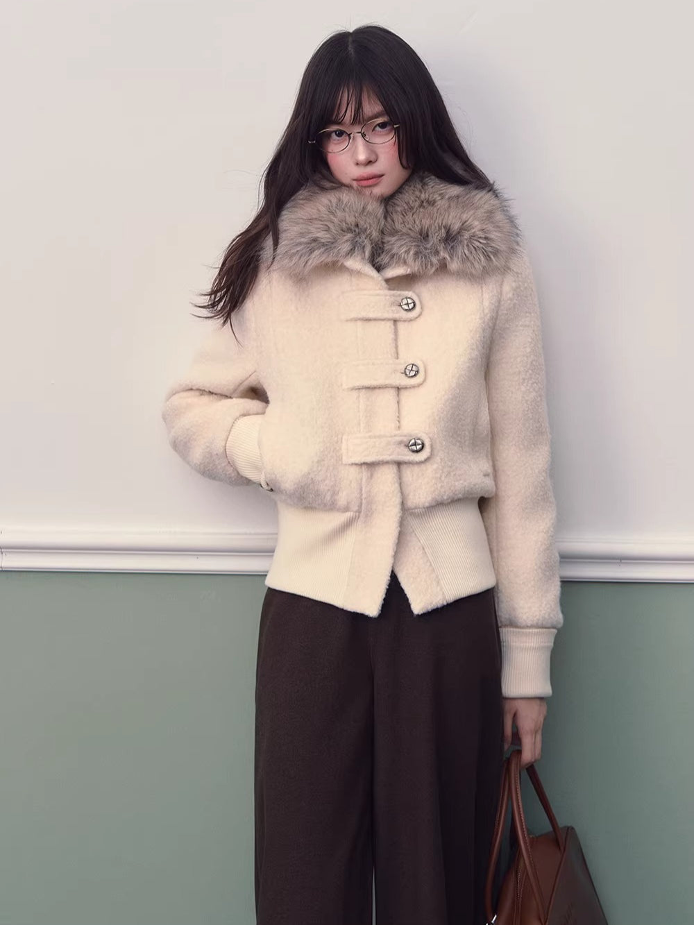 Wool-Blend Fur-Collar Short Down Jacket