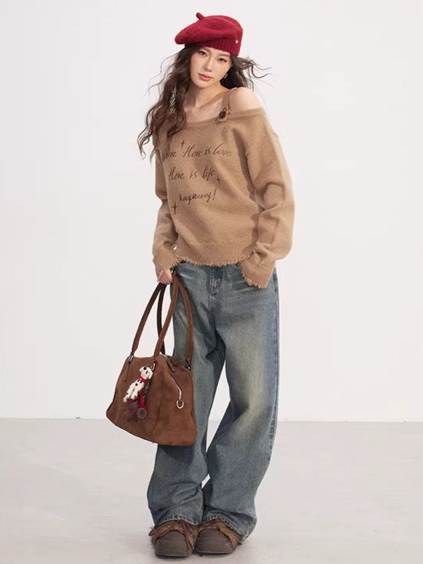 Deconstructed Off-Shoulder Embroidered Knit Sweater