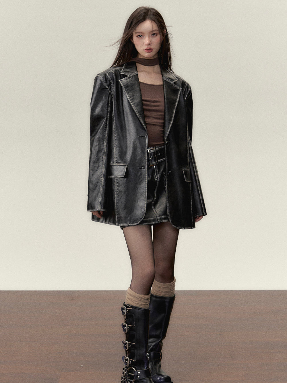 Vintage PU Leather Jacket & Skirt Two-Piece Set - CHINASQUAD