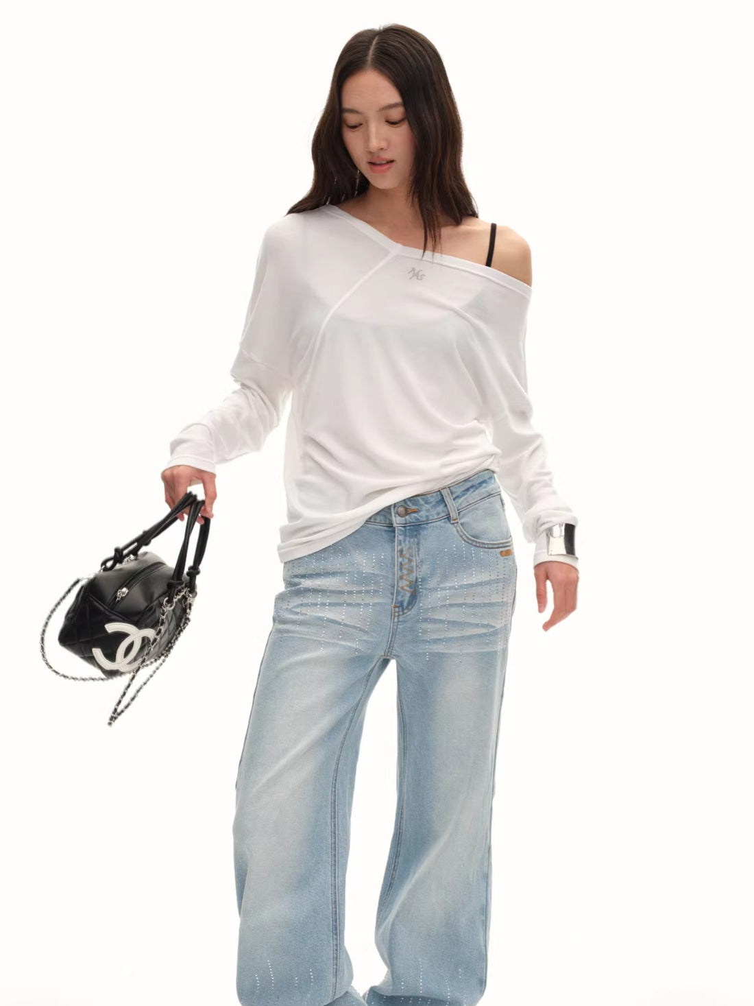Asymmetric Off-Shoulder Wool-Lyocell Knit Tee