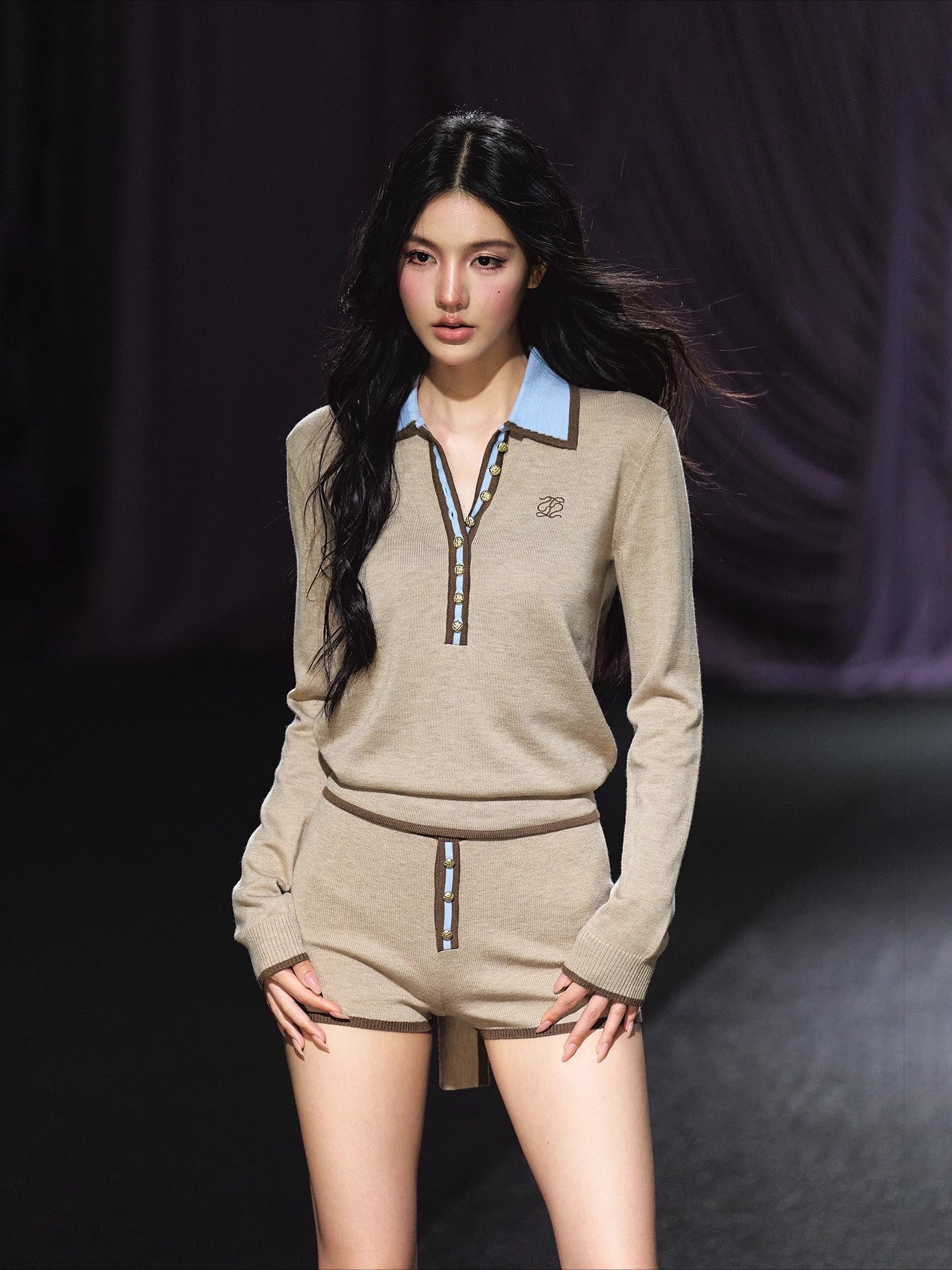 Contrast Tie-Neck Polo Knit Set - CHINASQUAD