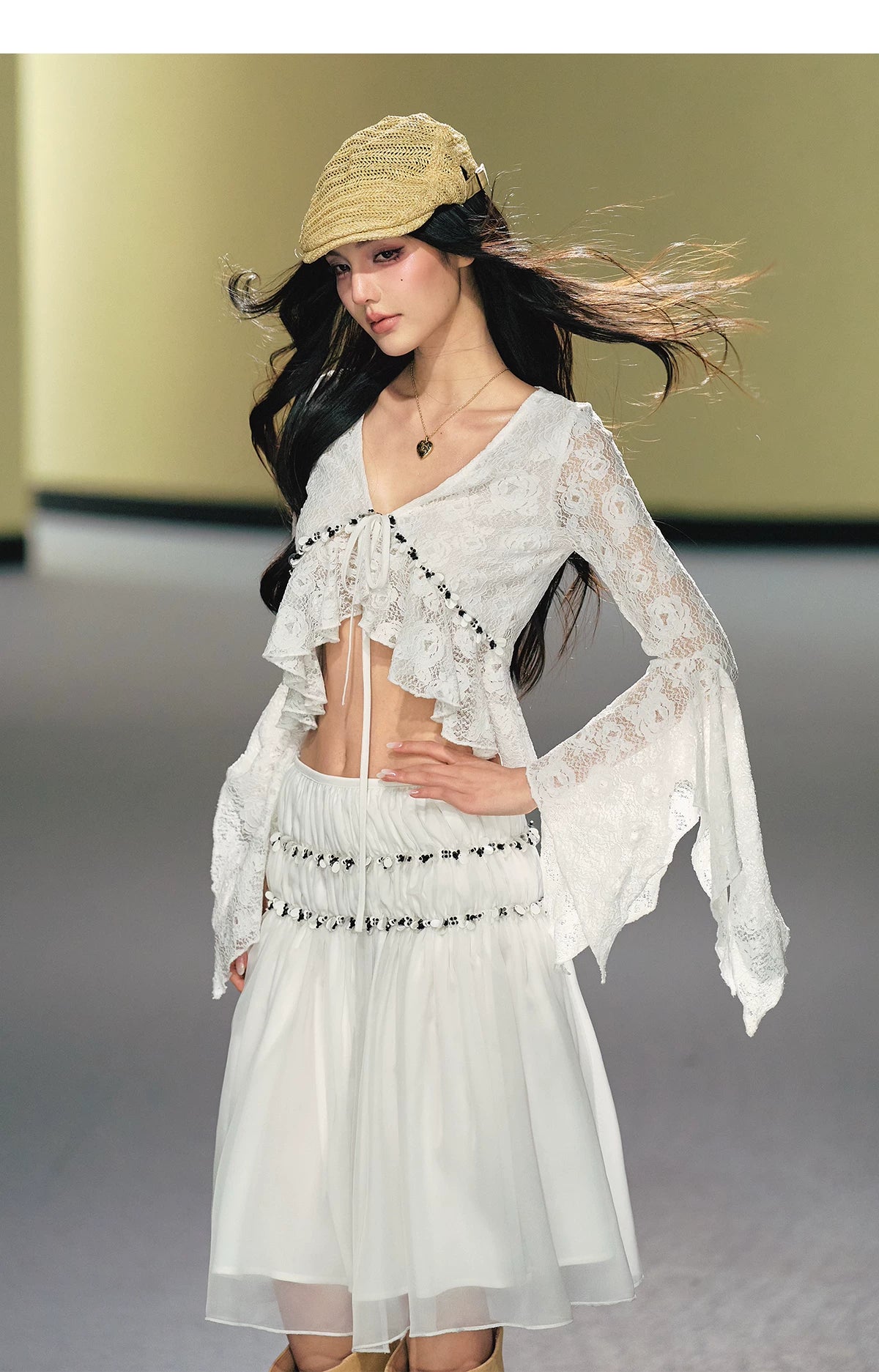 Vintage Sequin Lace V-Neck Blouse& Tulle Skirt Set