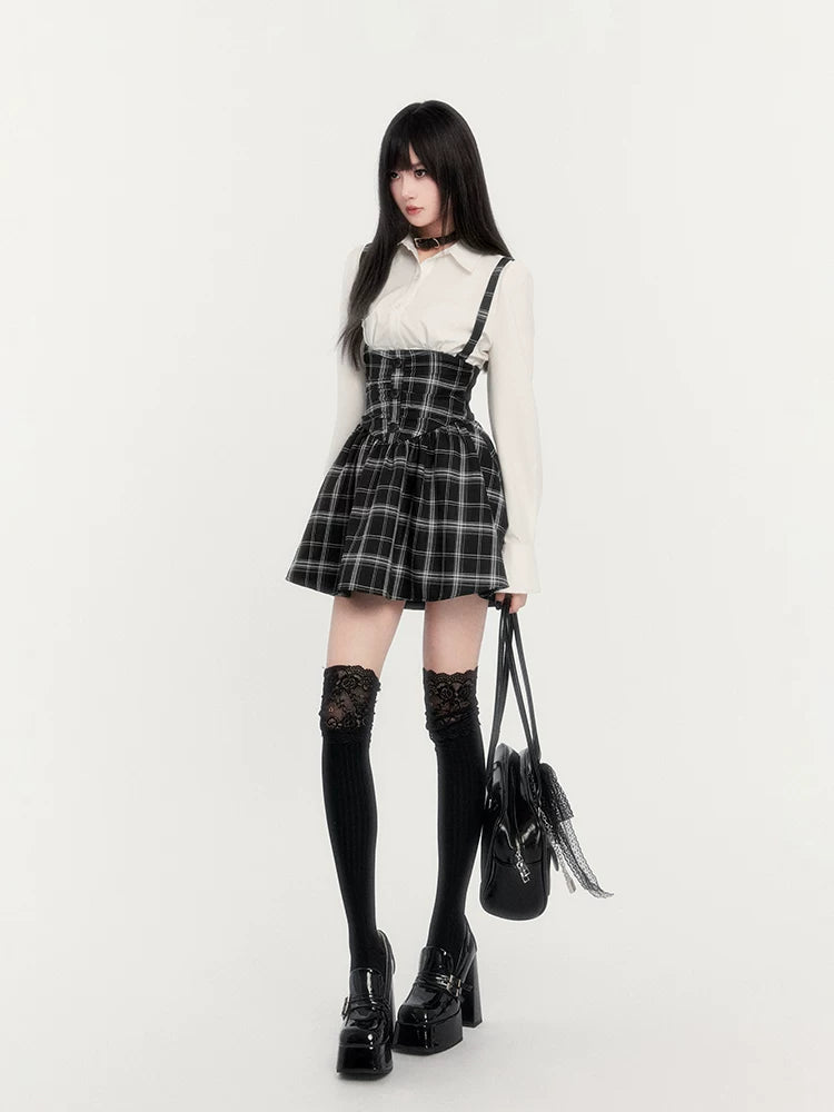 High-Waist Corset Plaid Suspender Skirt