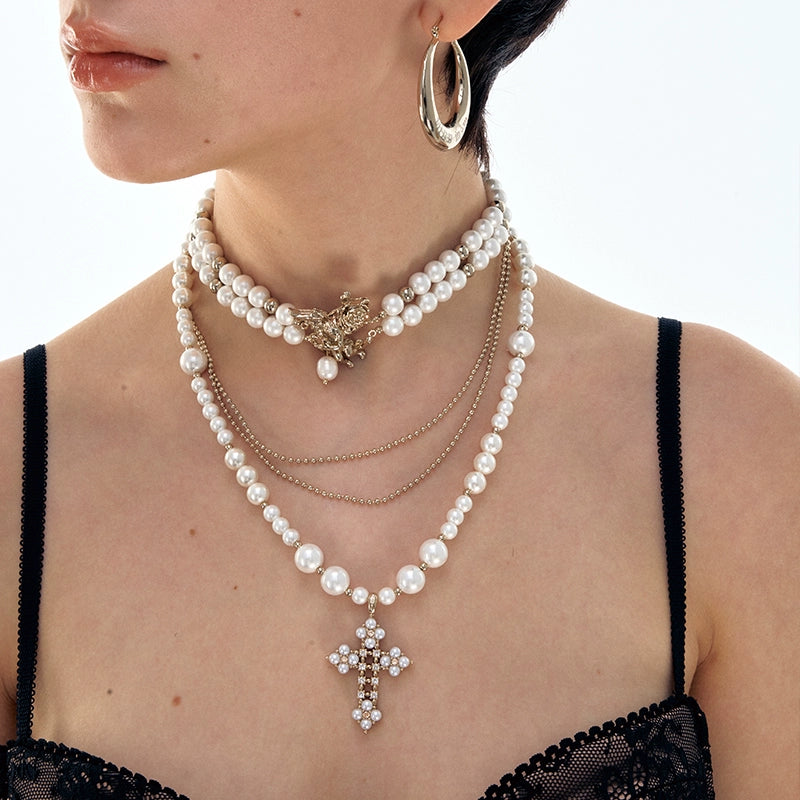 Gothic Angel Pearl Cross Choker - CHINASQUAD