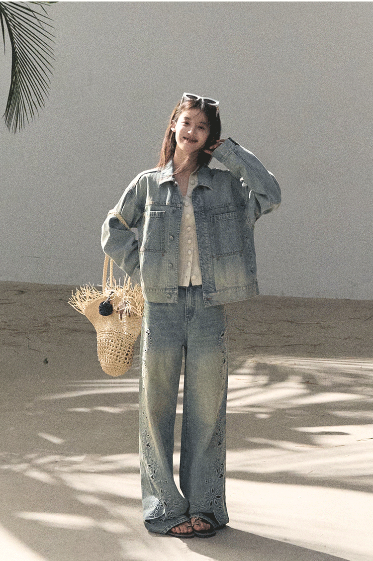 Washed Straight-Leg Wide Denim Pants