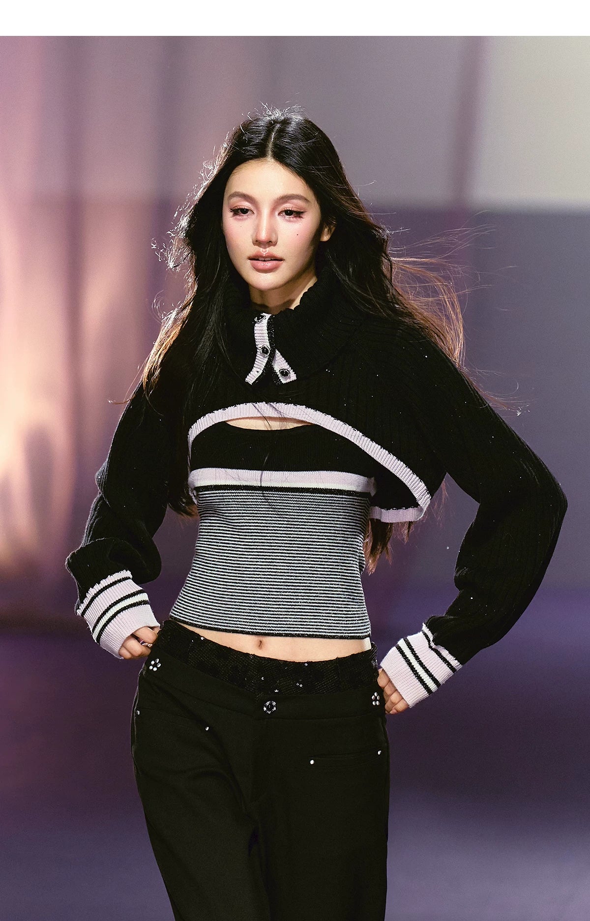 Contrast Turtleneck Layered Vest & Striped Camisole Set