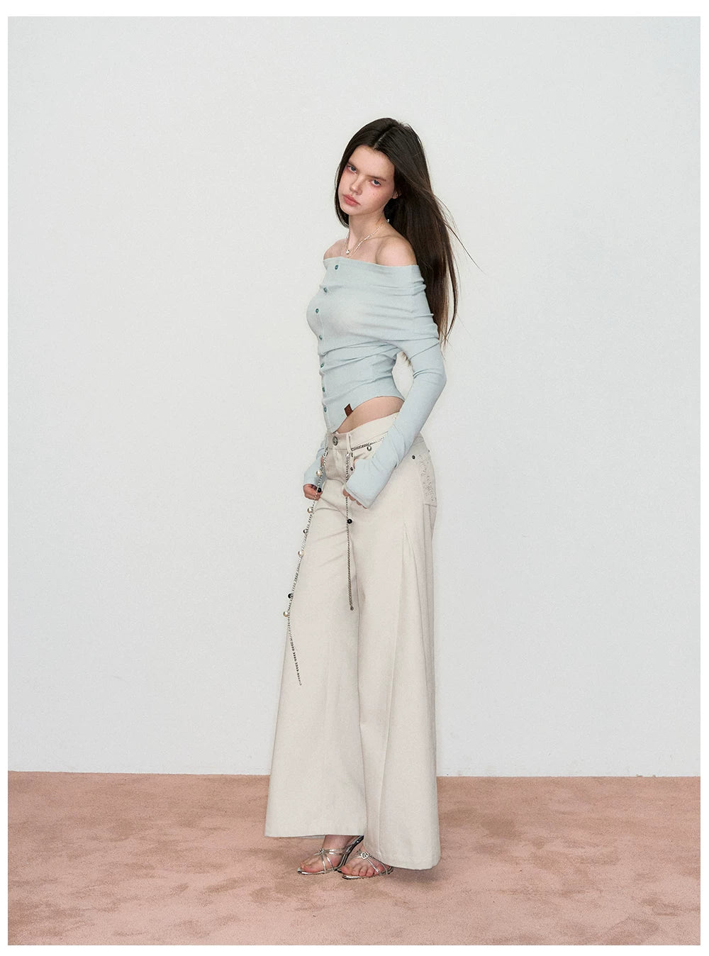 Wave-Embroidered Wide-Leg Straight Pants