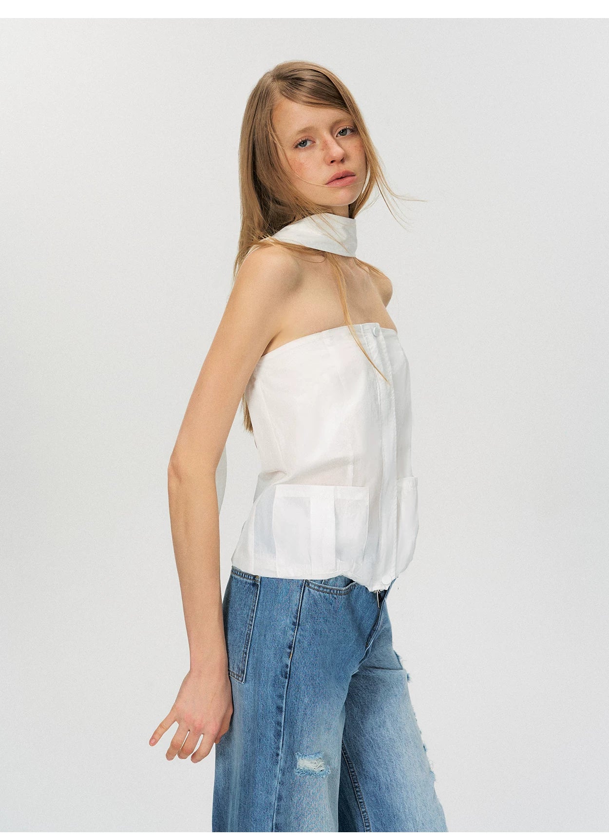 Sheer Utility-Inspired Strapless Peplum Top