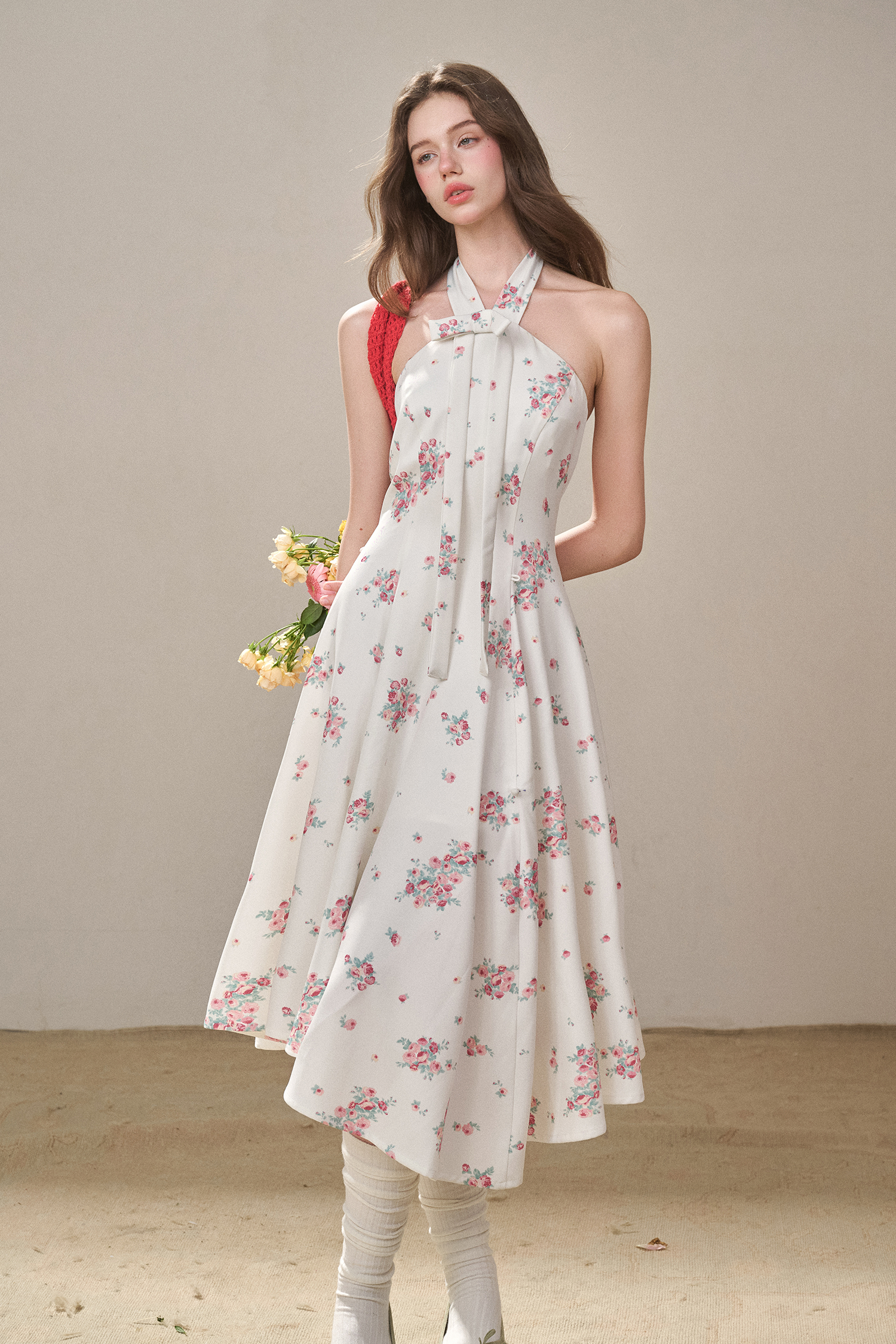 Rose Pleats Halter Midi Dress