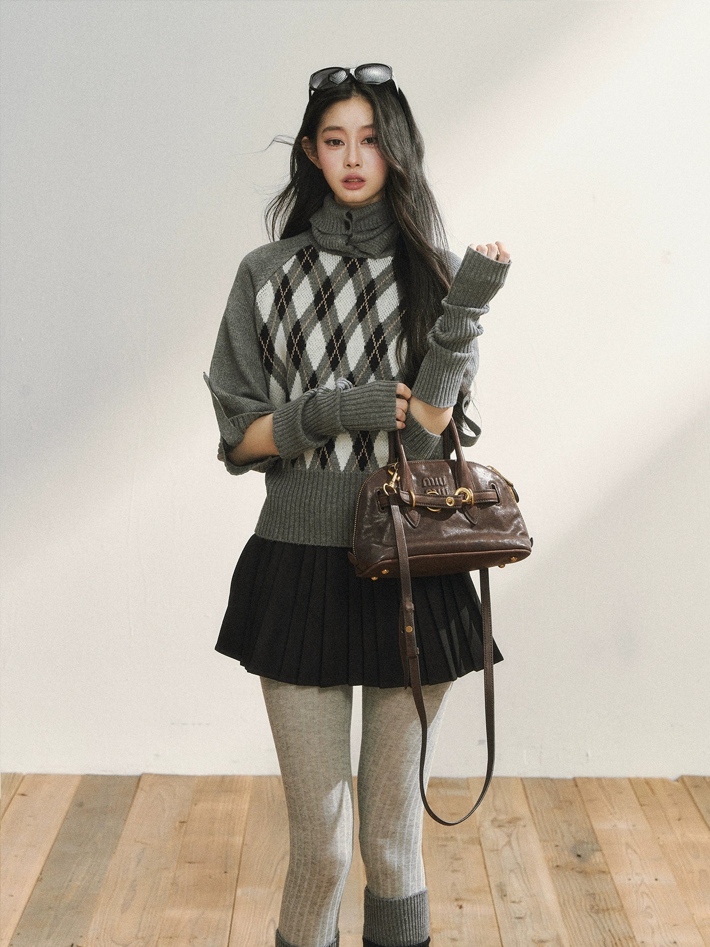 Vintage Argyle Knit Turtleneck Sweater & Skirt Set