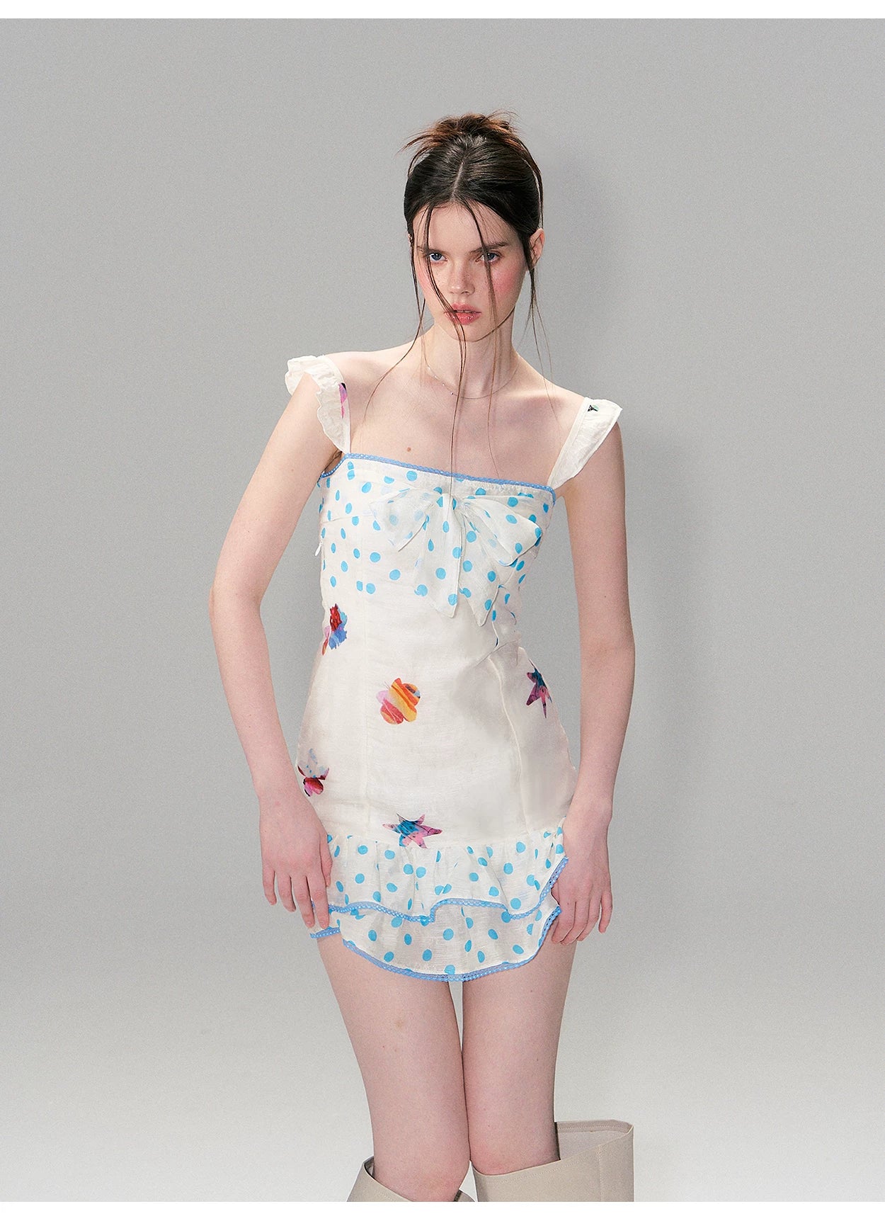 Vintage Contrast Print Flutter Strap Mini Dress