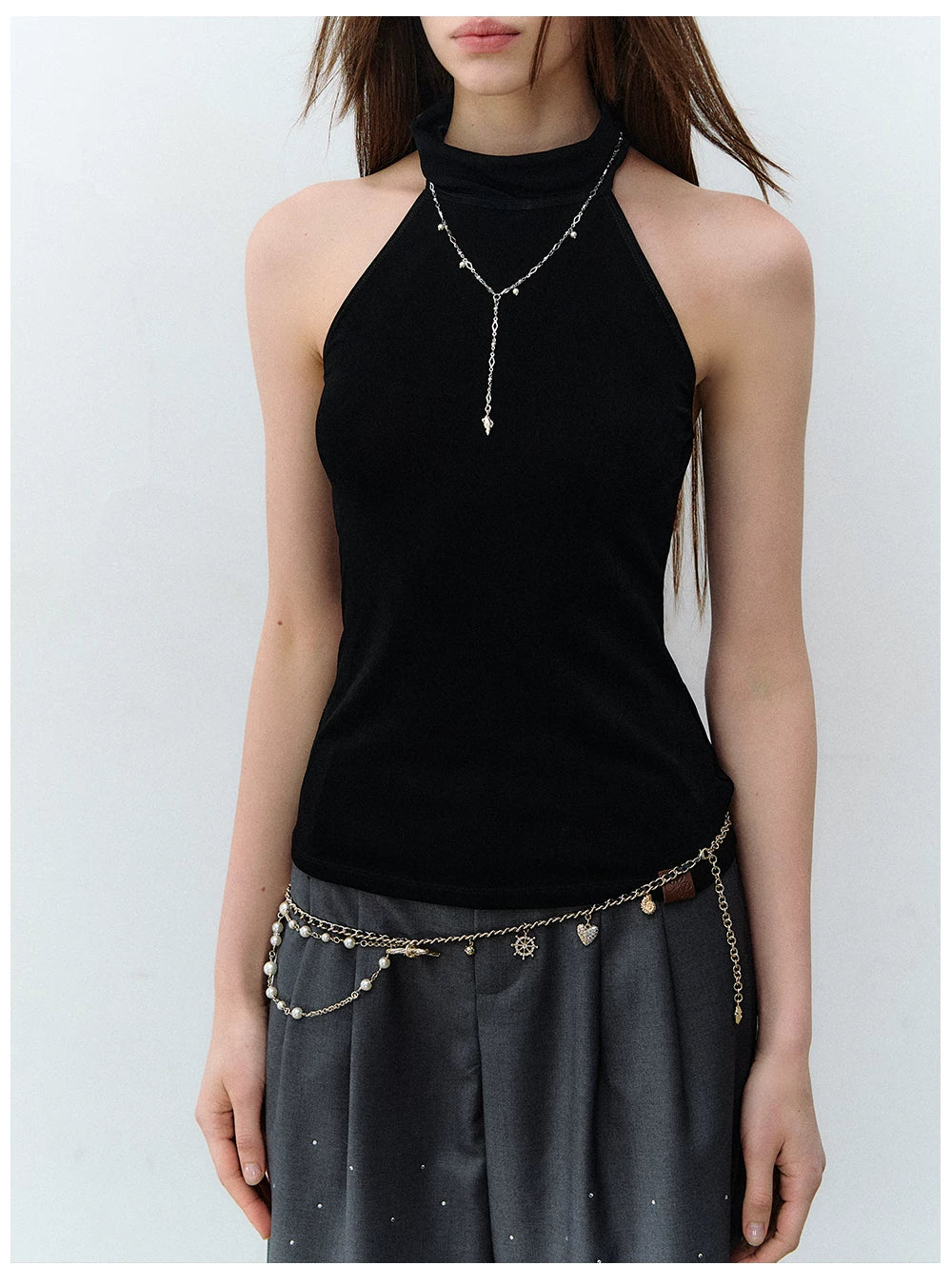 X-line Sleeveless Halter Neck Acetate Knit Top