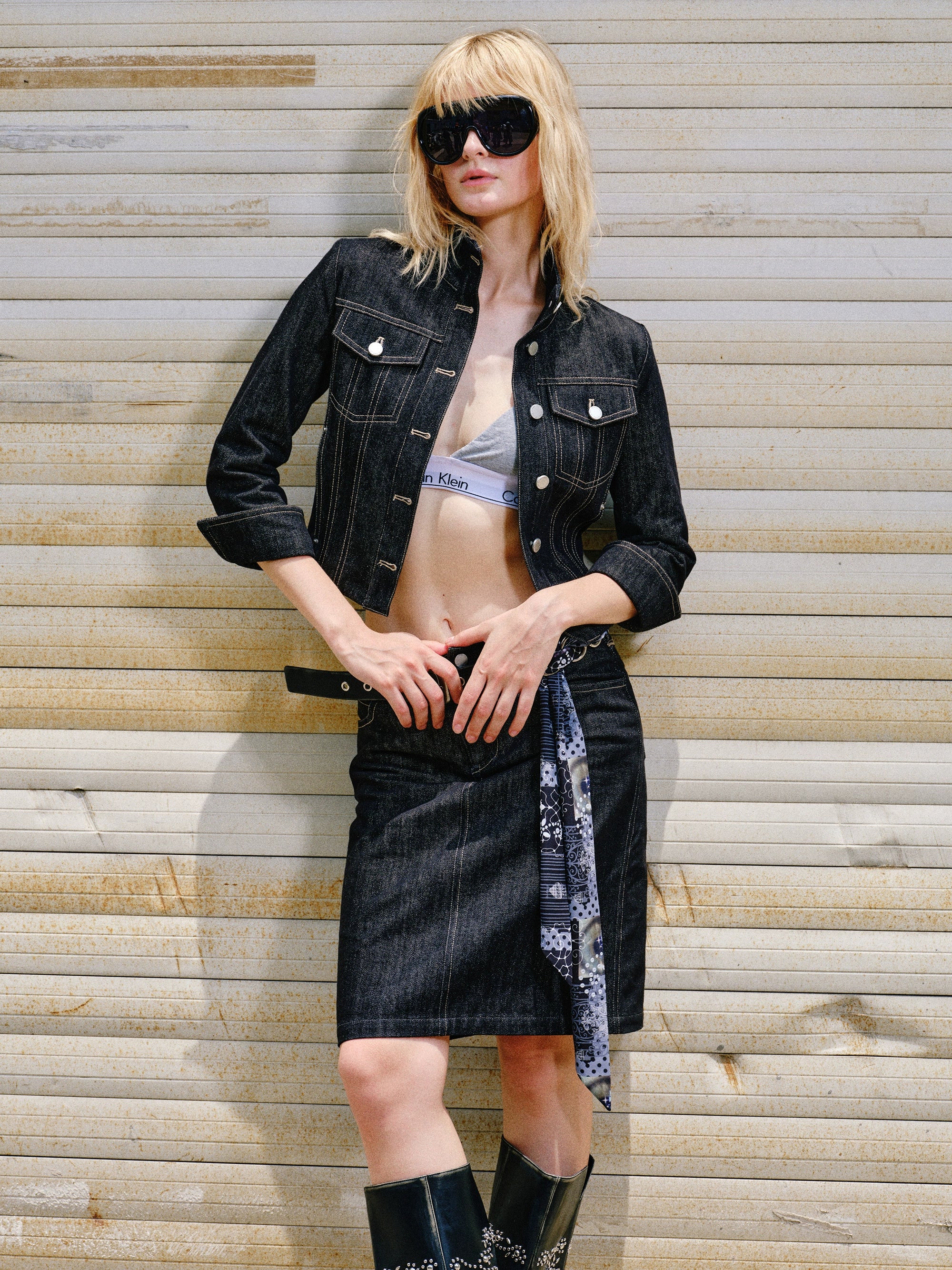Cropped Stripe Stitch Denim Jacket & Skirt Set