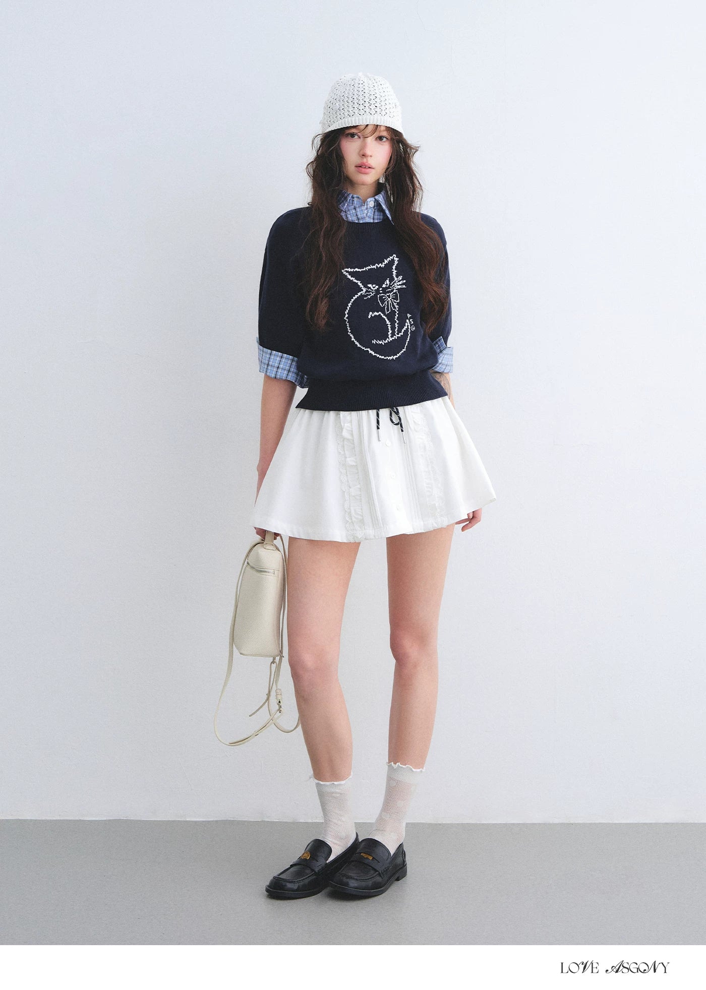 Jacquard Cat Motif Short Sleeve Knit Top