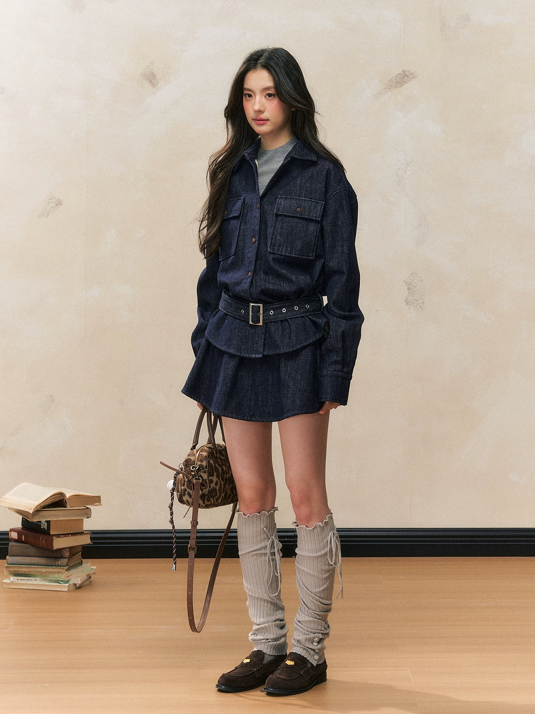 Fleece-Lined Waist-Cinched Denim Jacket Set - CHINASQUAD