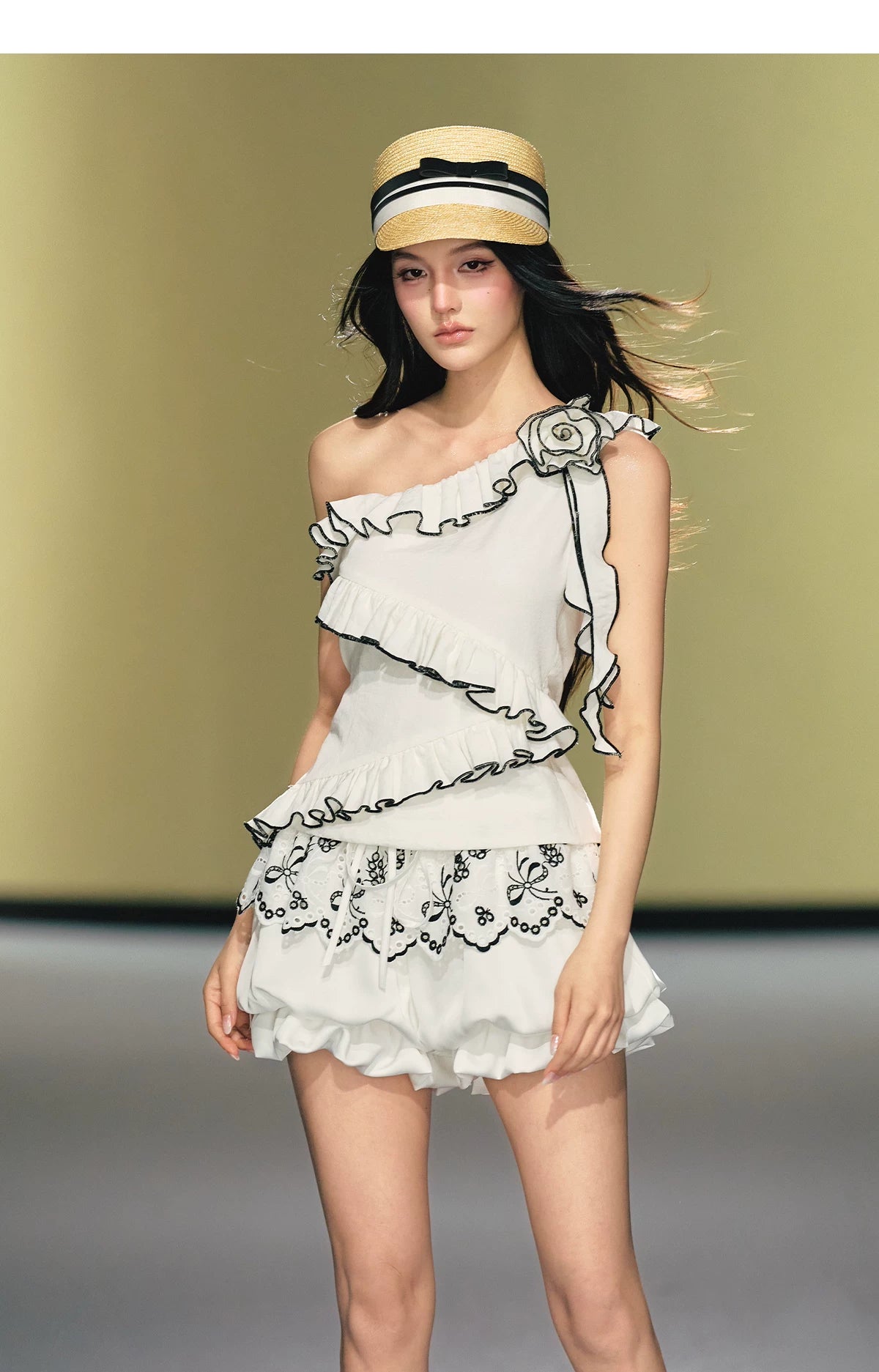 Asymmetric Rose-Trim Layered Top & Puff Bloomers Set