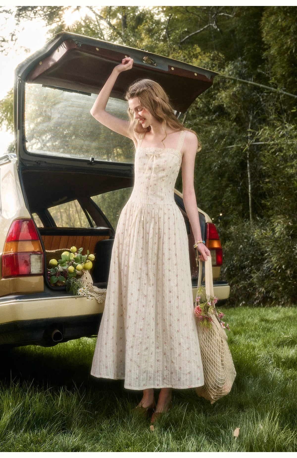 Vintage French Lace Cotton Floral Maxi Dress