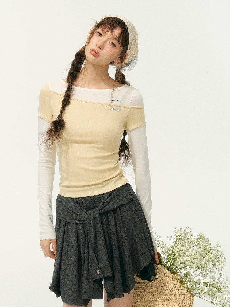 Irregular Fake Two-Piece Color-Block Knit T-shirt - CHINASQUAD