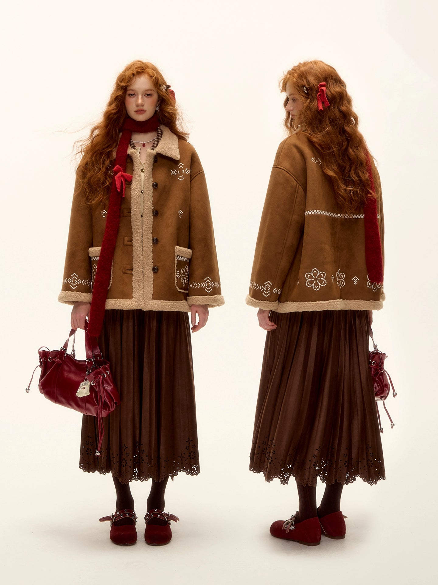 Heavy Embroidered Faux Shearling Suede Jacket