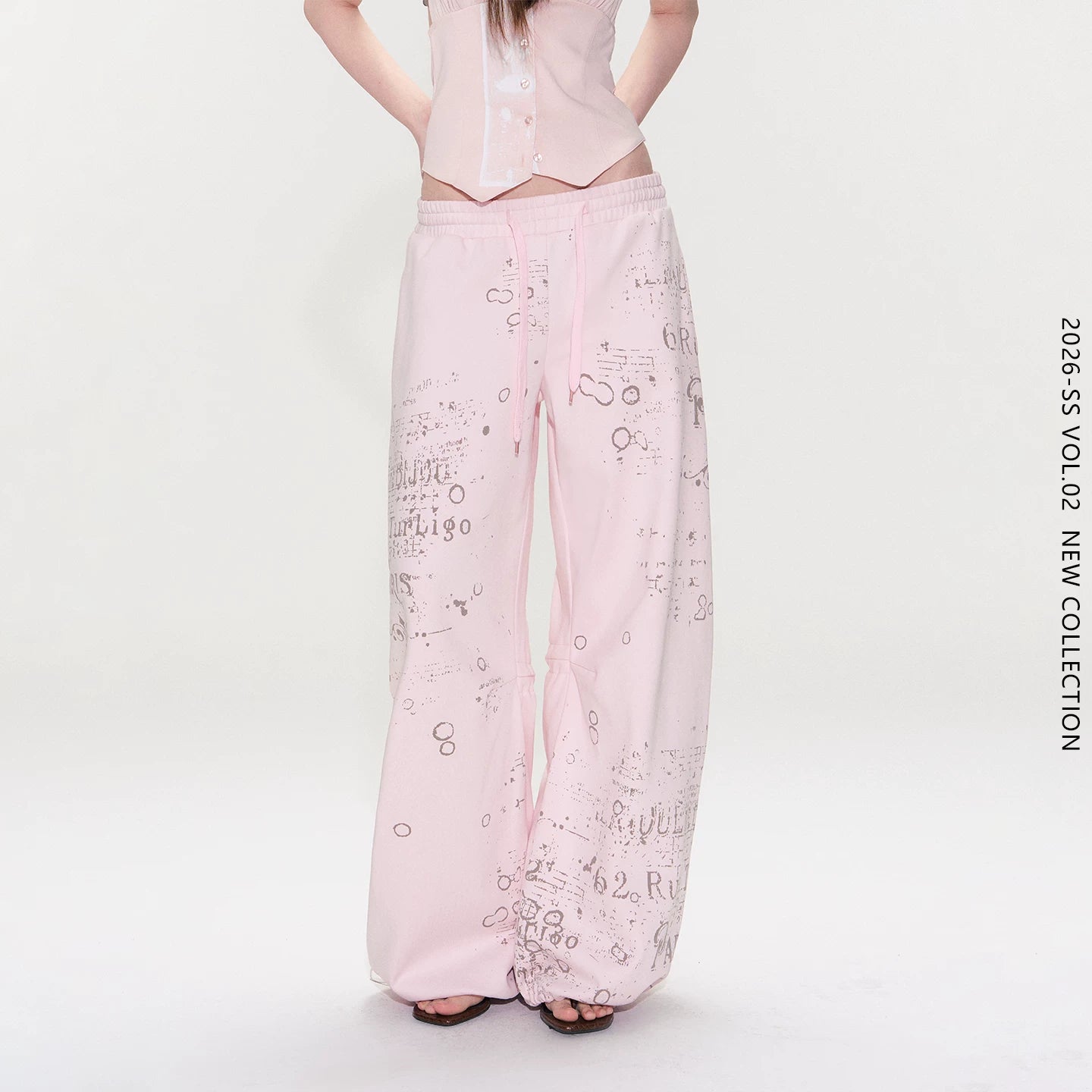 Vintage Graphic Drawstring Wide-Leg Pants