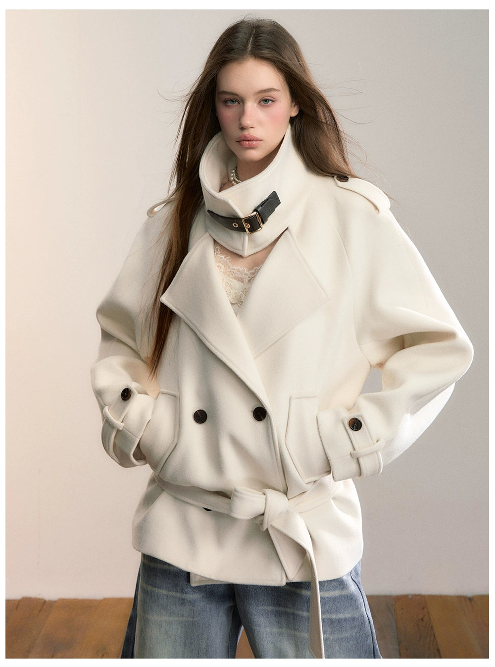 Structured Wool Blend High-Neck Coat