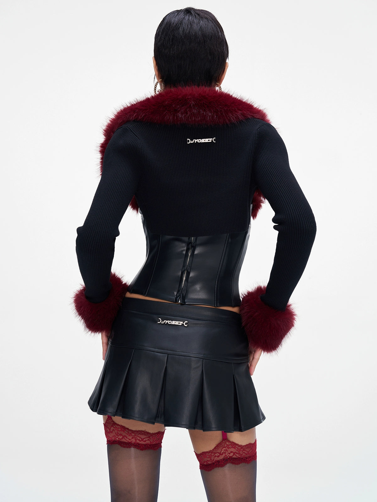 Fur-Collar Knit Cape & Fuzzy Bodycon Skirt Set