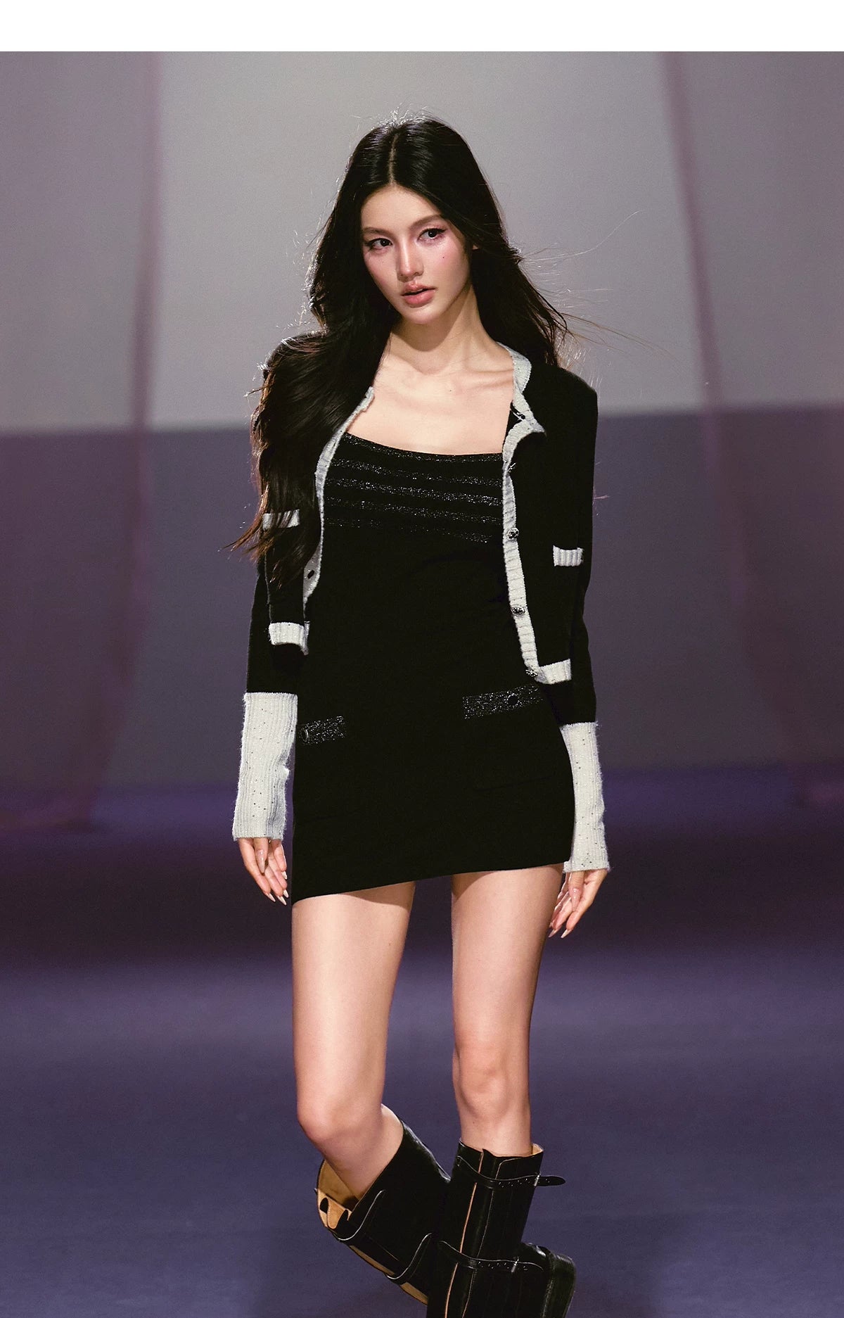 Black and White Color-block Knitted Cardigan