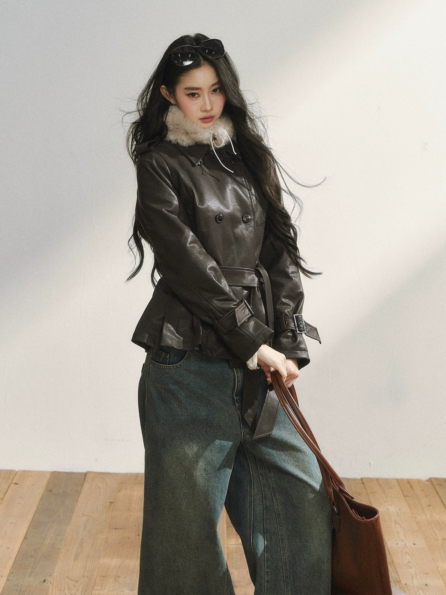 Vintage Brown Belted Faux Leather Wool Jacket