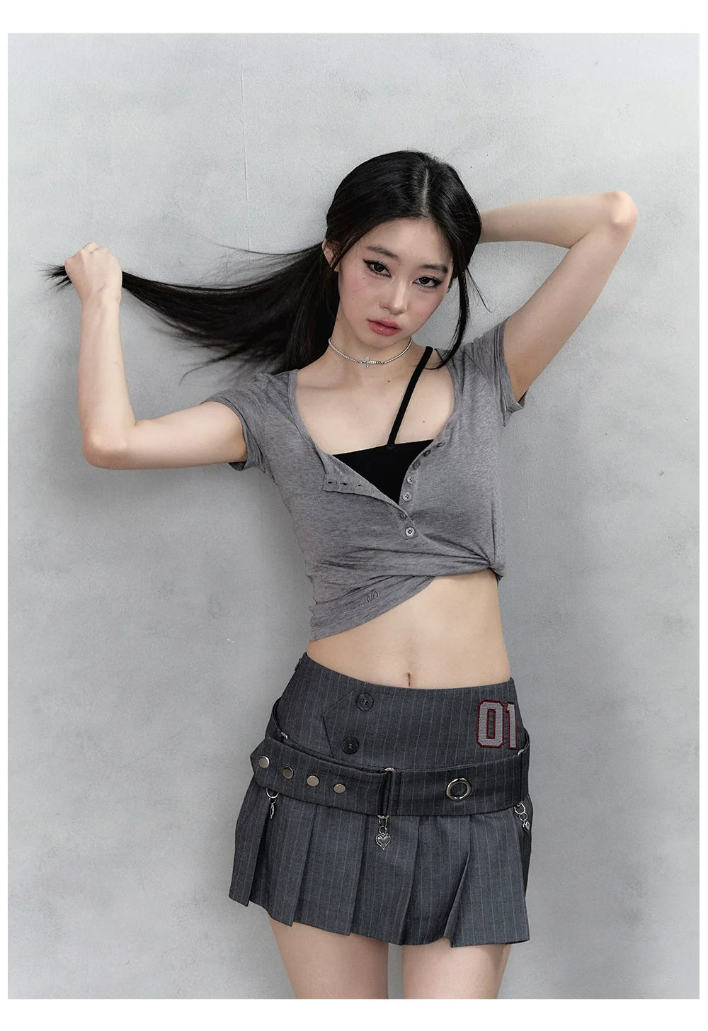 Black & Grey Henley Collar Embroidered T-Shirt - CHINASQUAD