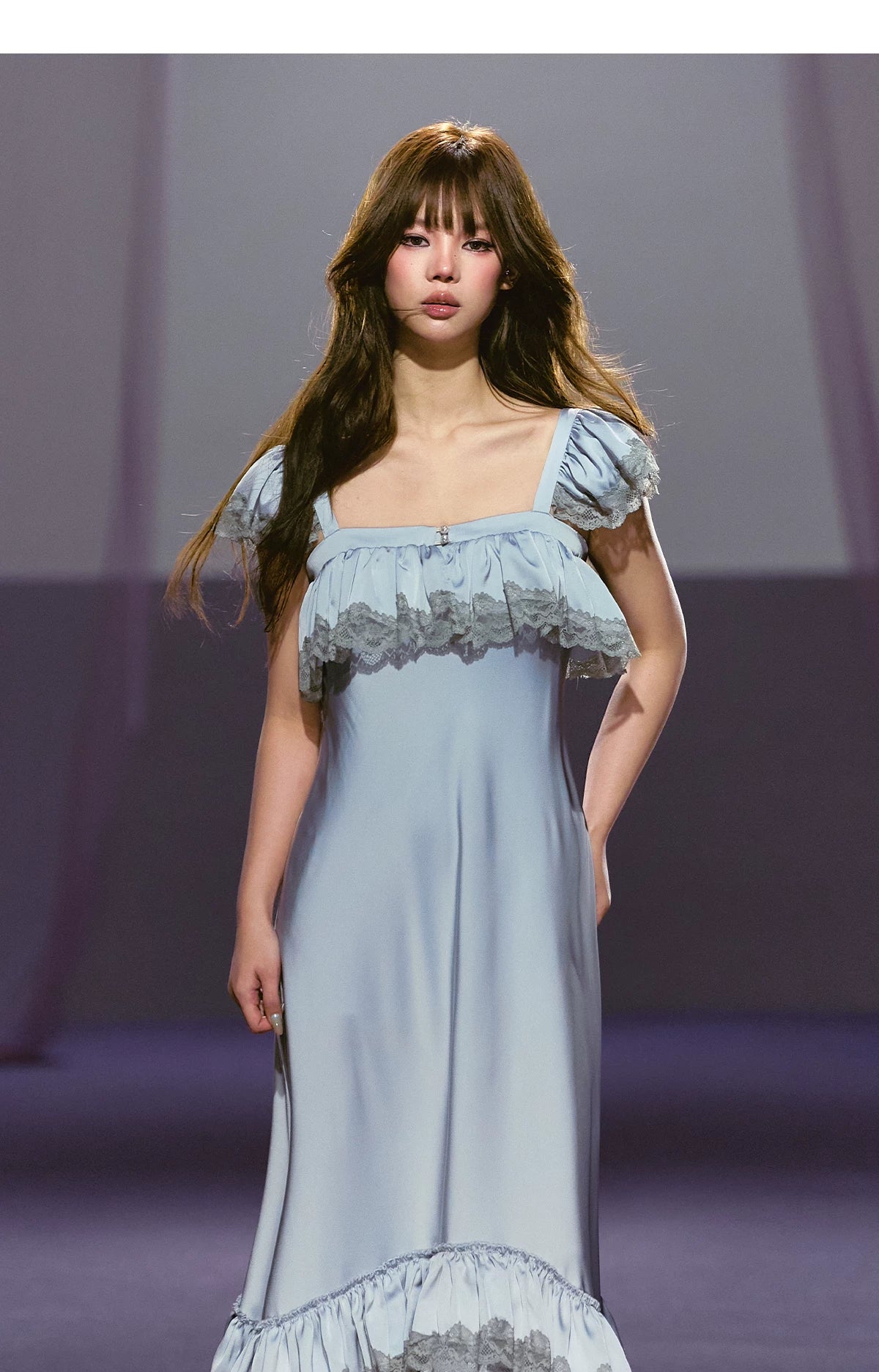 French Lace-Spliced Satin A-Line Maxi Dress